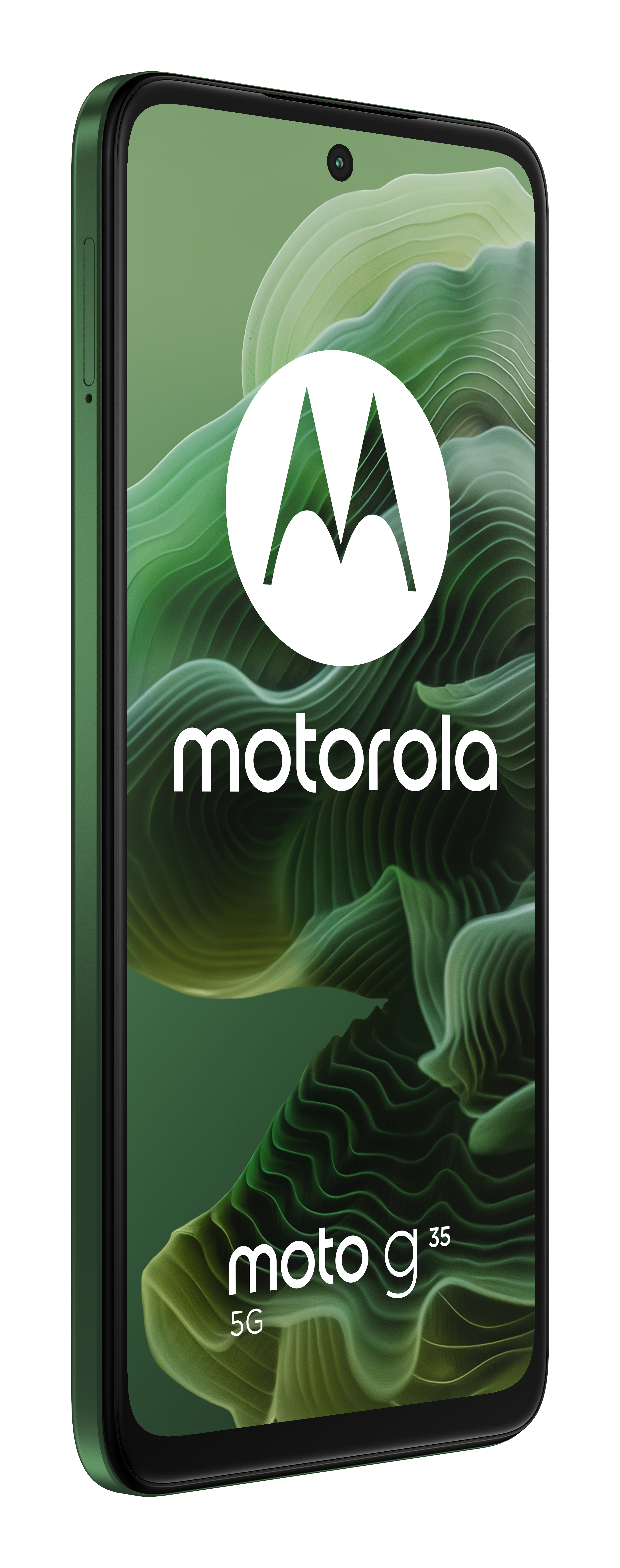 Zielony telefon Motorola Moto G35, pokazujący logo i zielone abstrakcyjne tło.