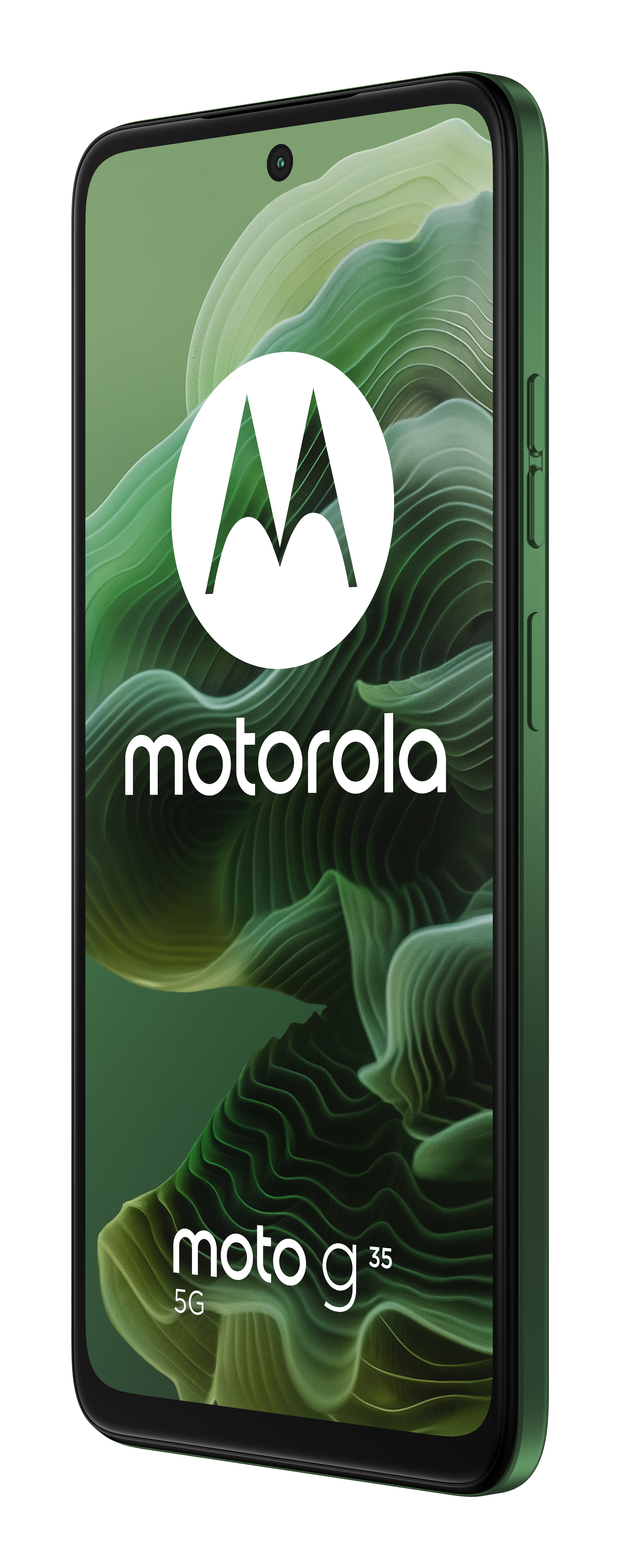 Zielony telefon Motorola Moto G35 5G, prezentujący ekran, na białym tle.