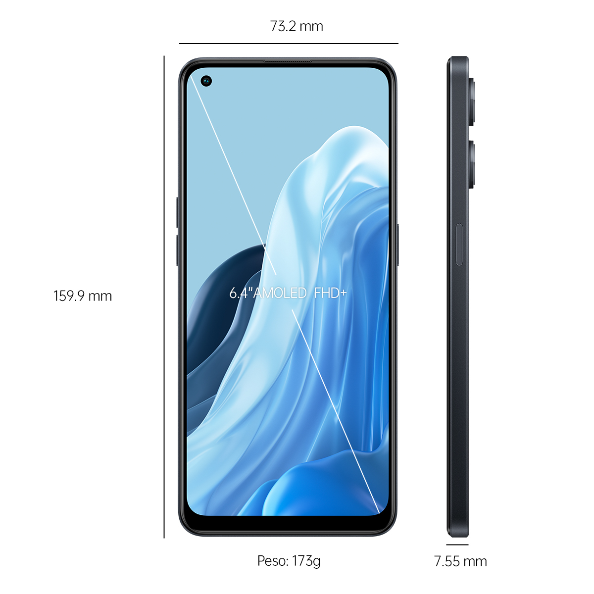 Smartfon w widoku z profilu, pokazujący wymiary, z płynącym niebieskim ekranem.