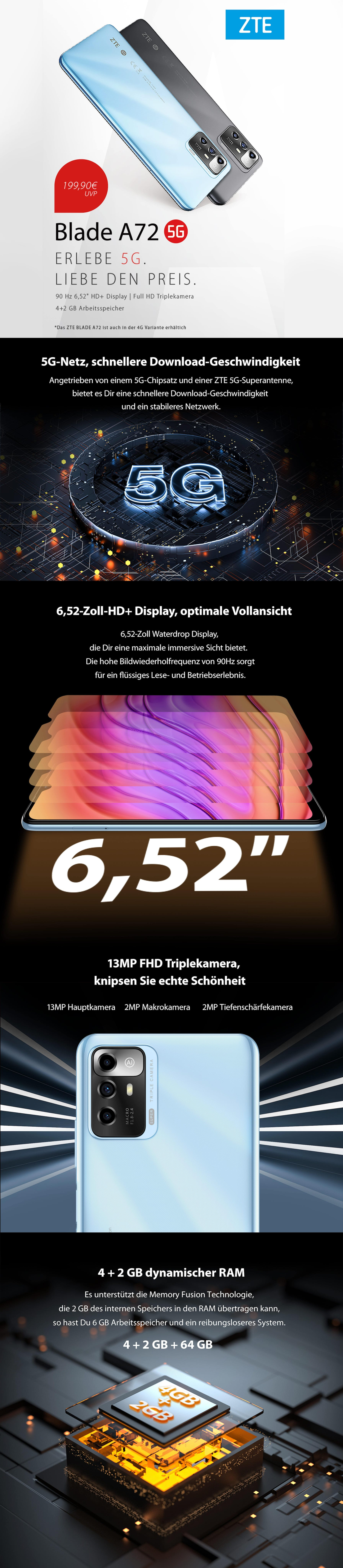 Pubblicità dello smartphone ZTE Blade A72 5G. Vengono visualizzate le caratteristiche e le specifiche del telefono.