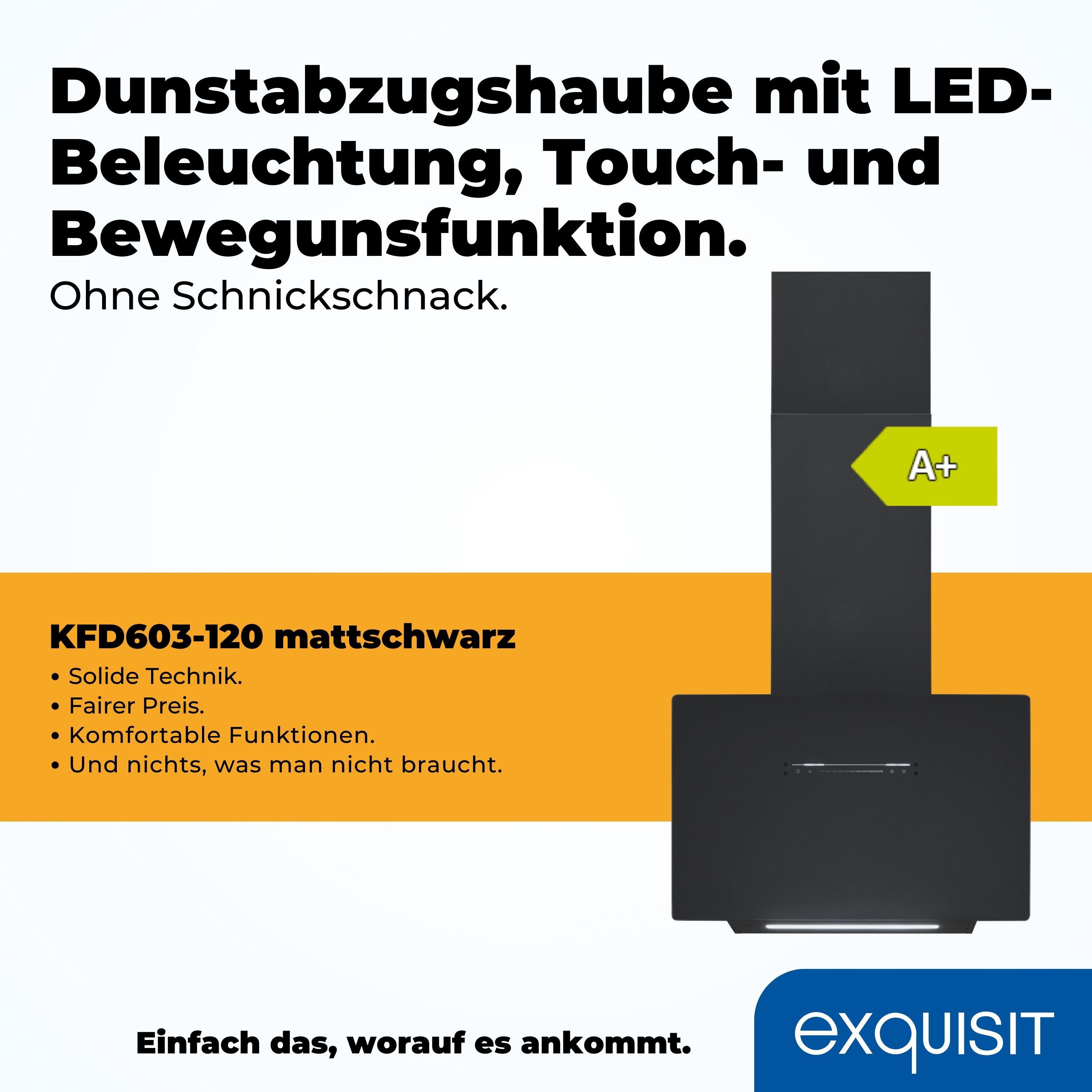 Eine schwarze Dunstabzugshaube mit LED-Beleuchtung. Sie hat ein Bedienfeld und Produktdetails. Sie ist mit A+ für Energie gekennzeichnet.