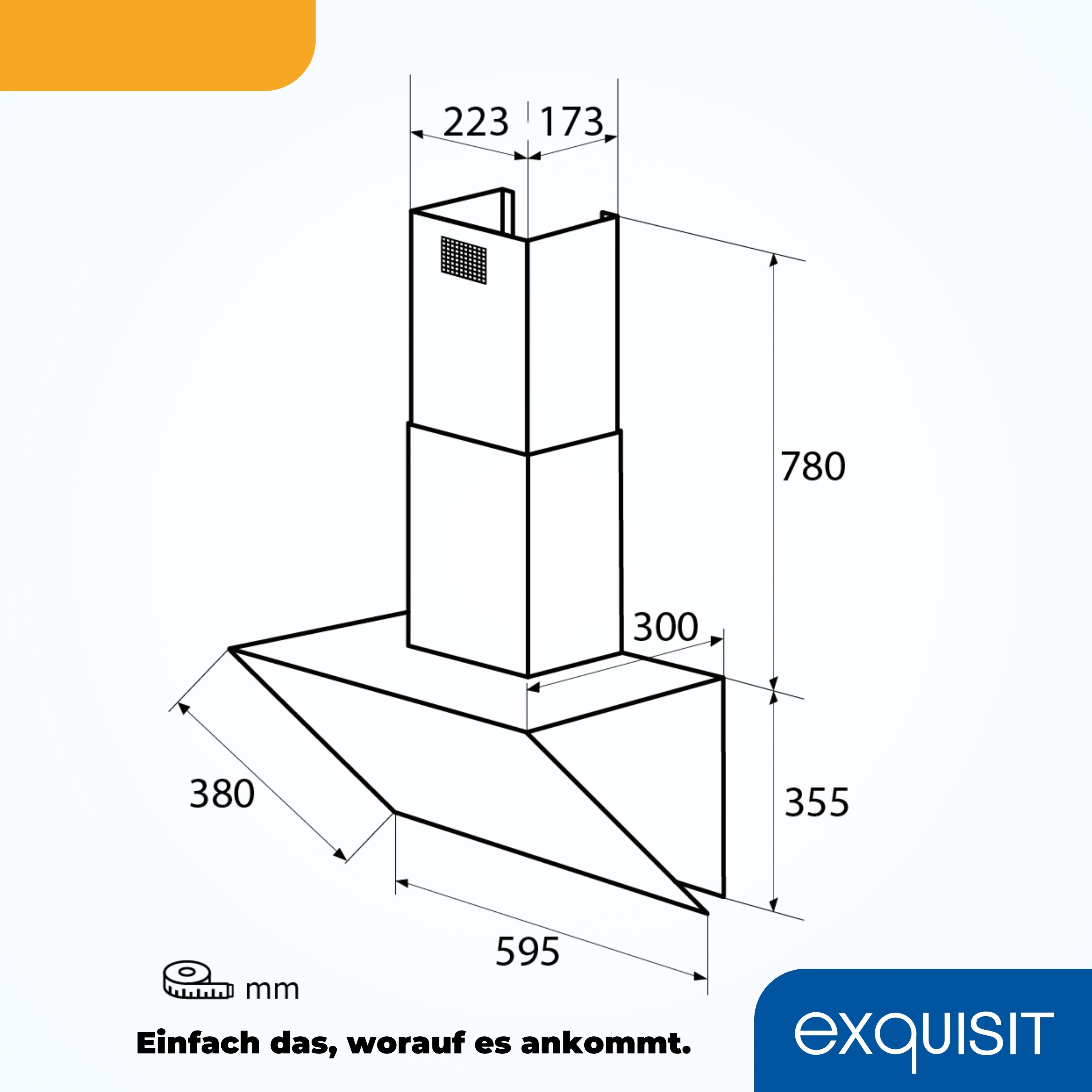 Diagramm einer Dunstabzugshaube mit Maßen. Es ist weiß mit schwarzen Umrissen.