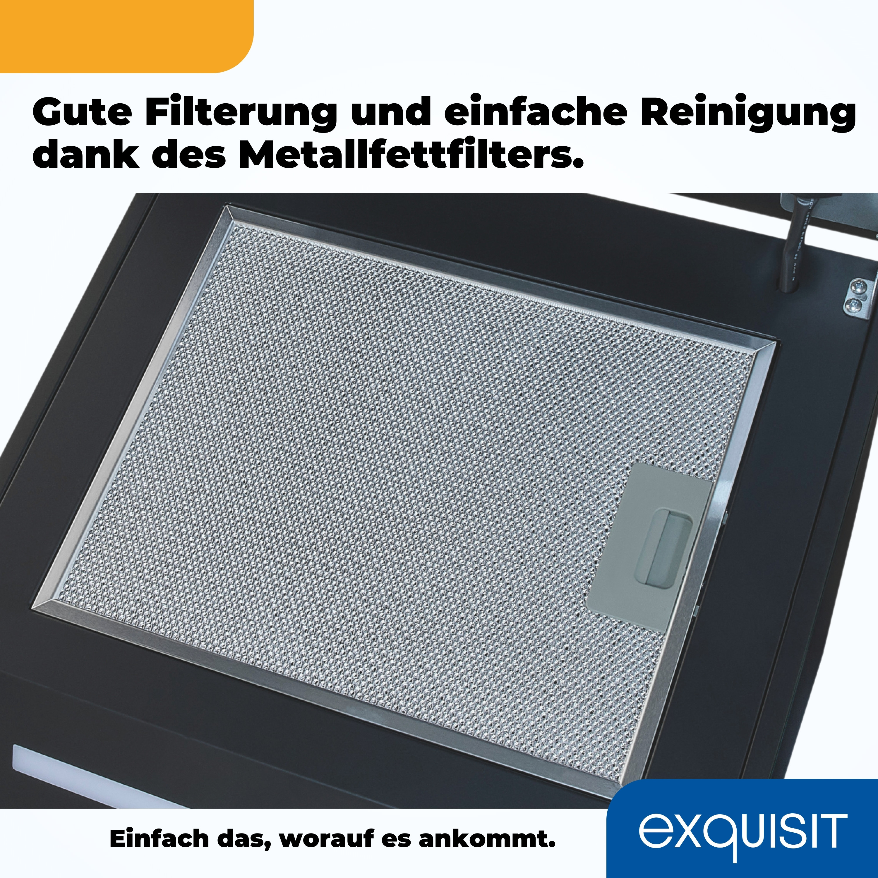 Nahaufnahme eines Metallfilters. Text: 'Gute Filterung und einfache Reinigung dank Metallfettfilter'.