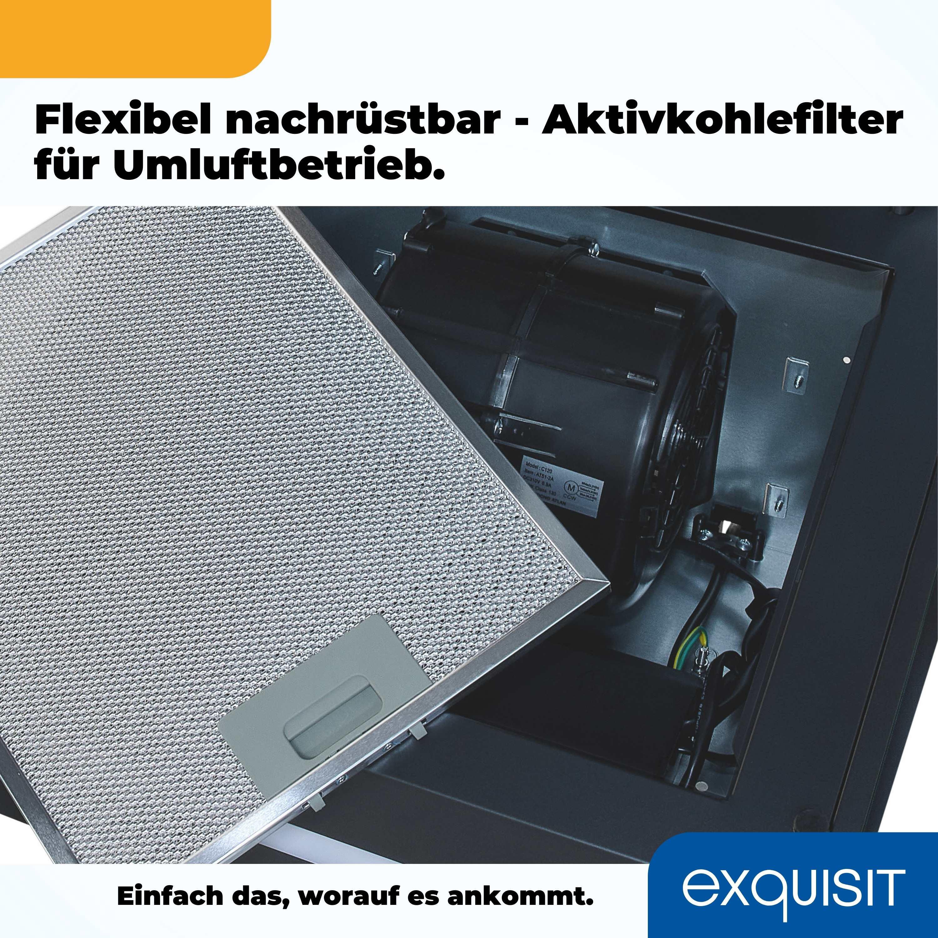 Person entfernt Filter aus Küchengerät, Lüfter sichtbar, Text auf Deutsch.