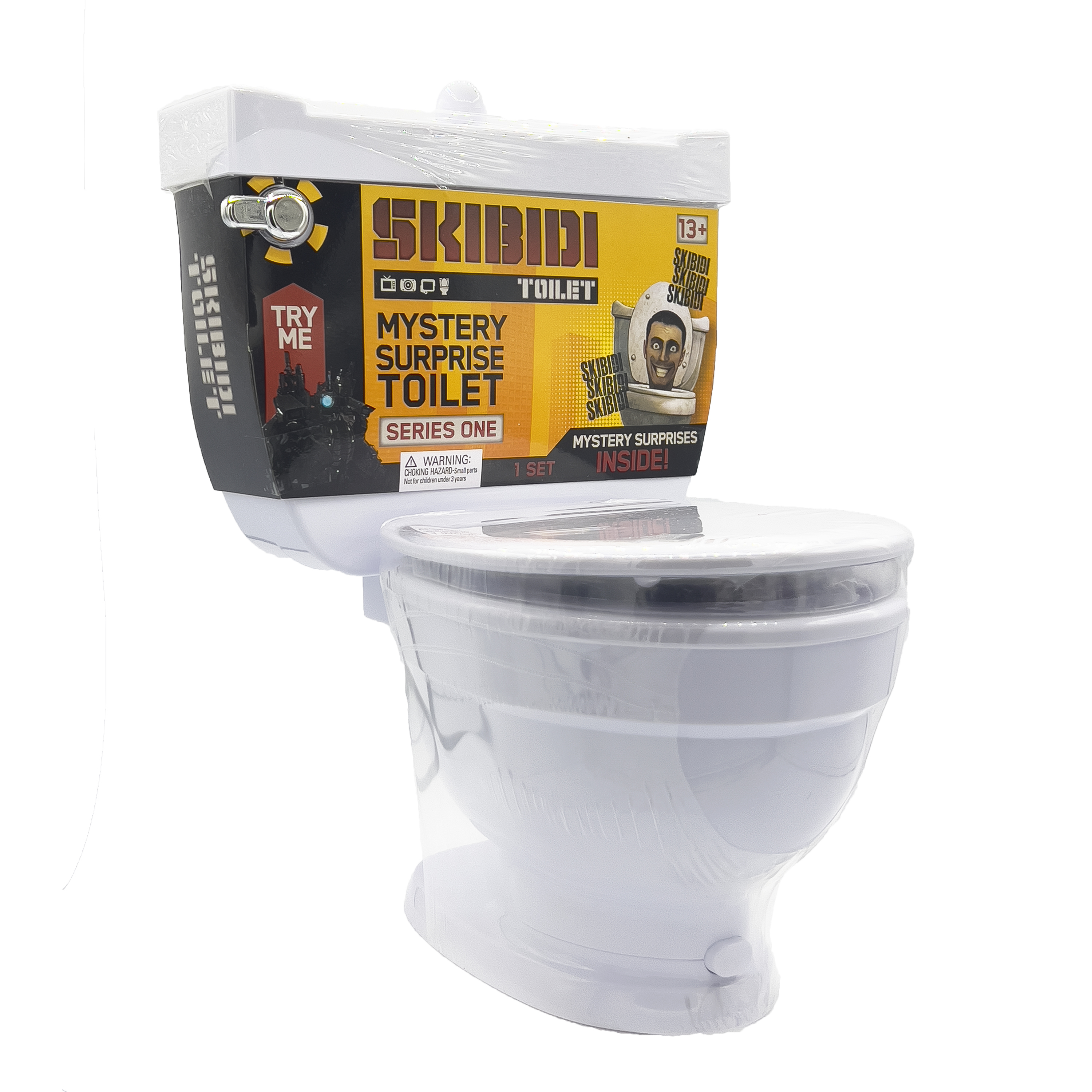 Weiße Spielzeugtoilette mit einer Mystery-Überraschungsbox. Mit „Skibidi Toilet“ Aufkleber.