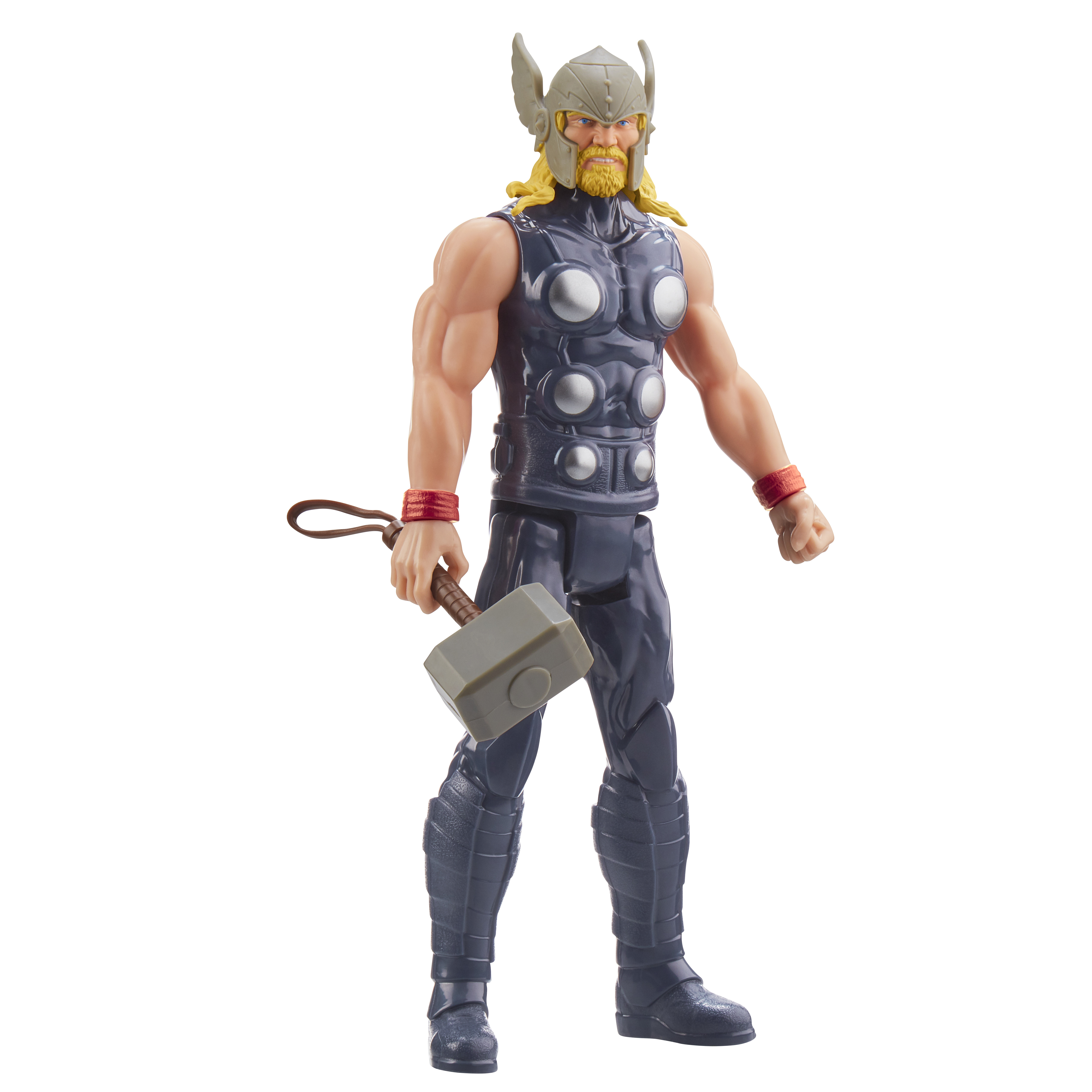 Action figure di Thor con martello e ali, indossa un abito blu e rosso, su sfondo bianco.