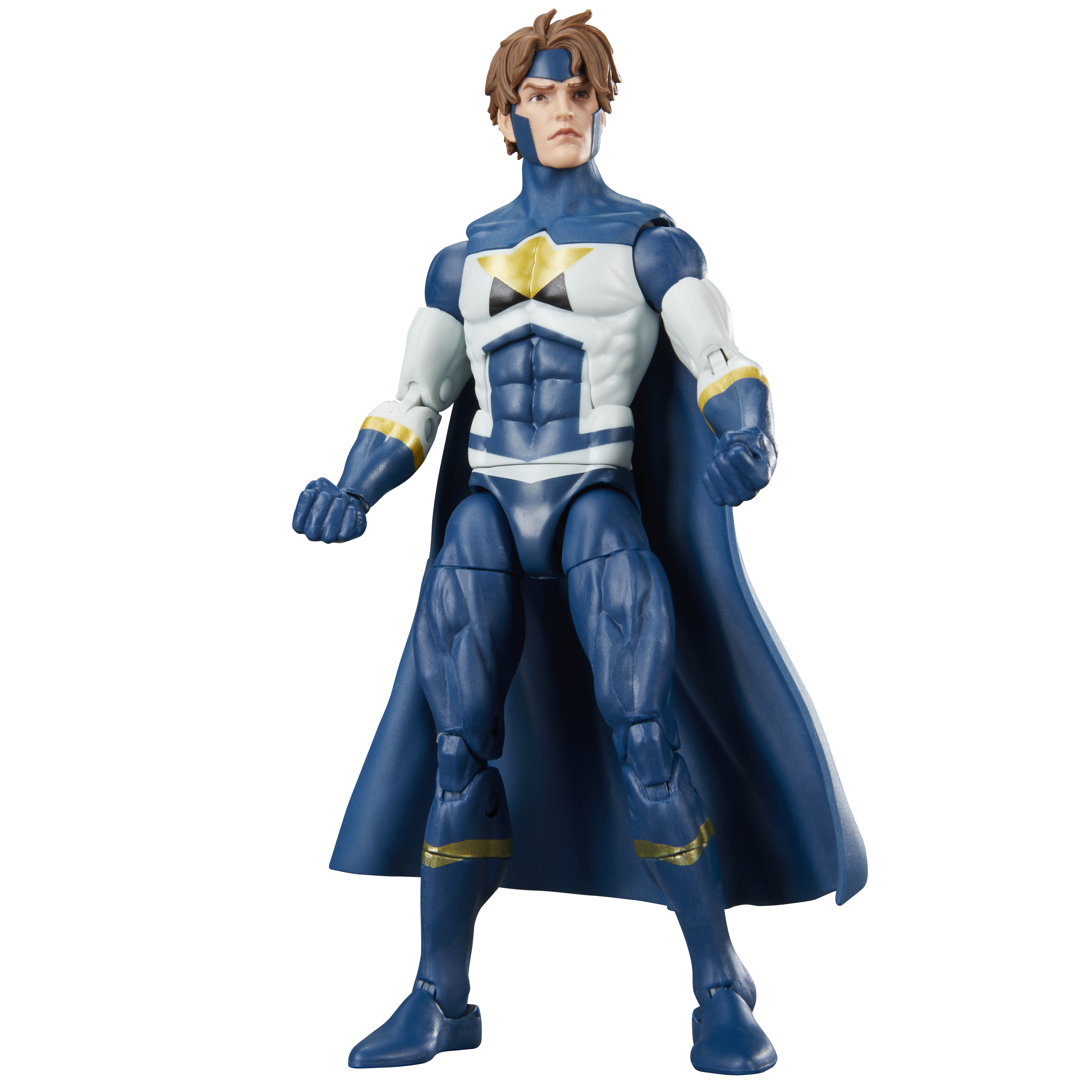 Un action figure di supereroe in un costume blu e bianco, con un mantello e un'emblema a stella.