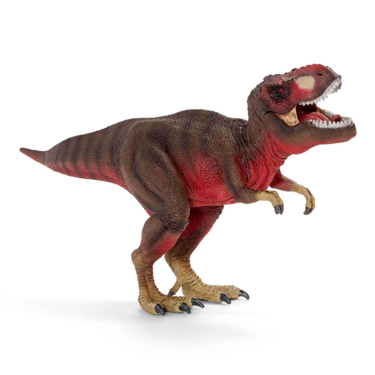 Giocattolo di dinosauro T-Rex marrone e rosso, con bocca aperta che mostra i denti, su sfondo bianco.