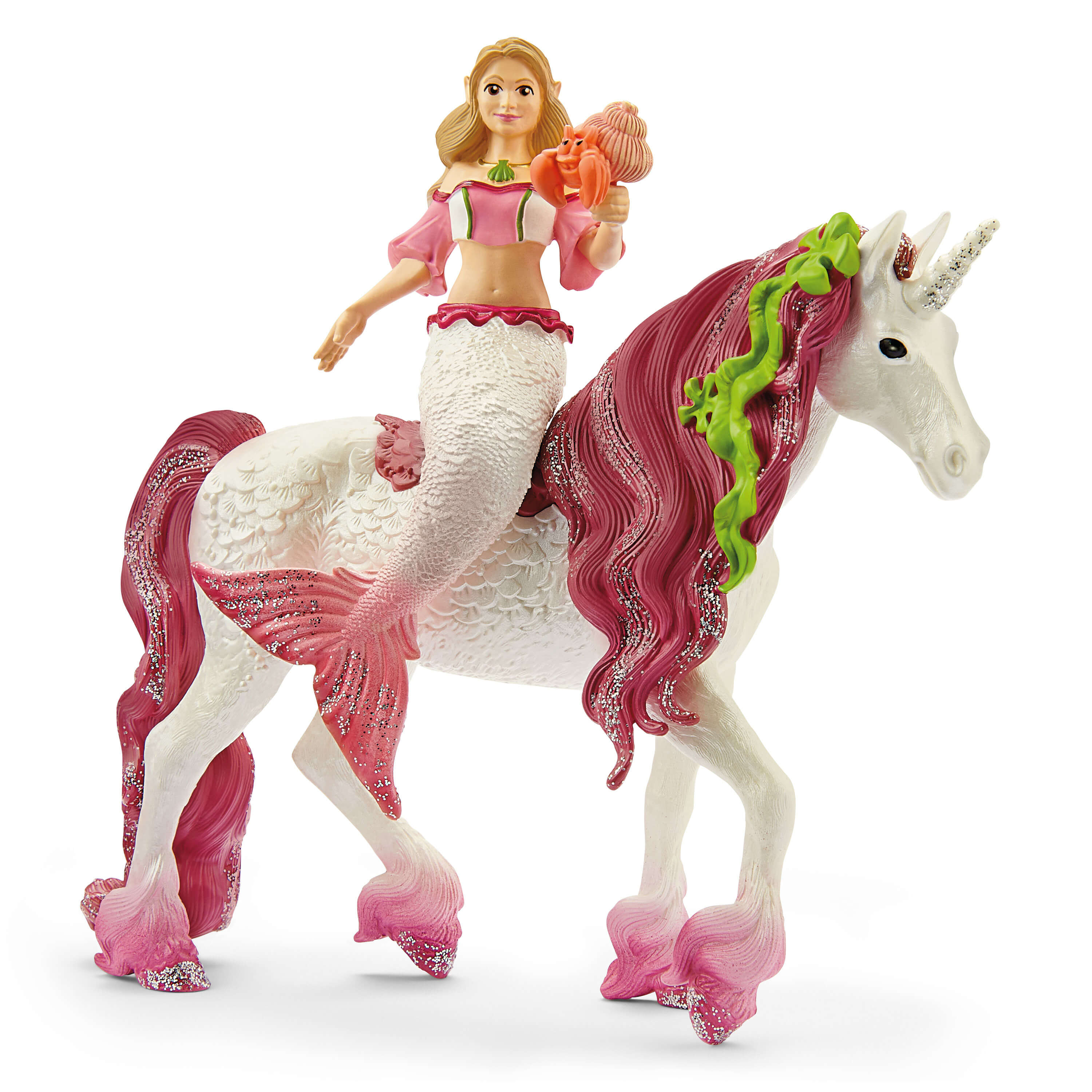 Sirena che cavalca un unicorno bianco. La sirena ha top e coda rosa. Unicorno ha criniera rosa.