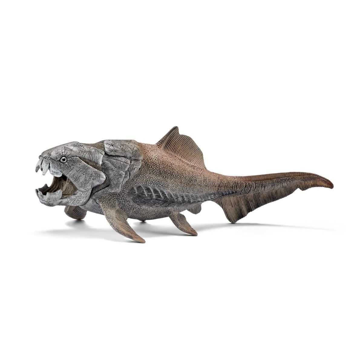 Modello di Dunkleosteus, pesce preistorico, nelle tonalità del marrone e grigio.
