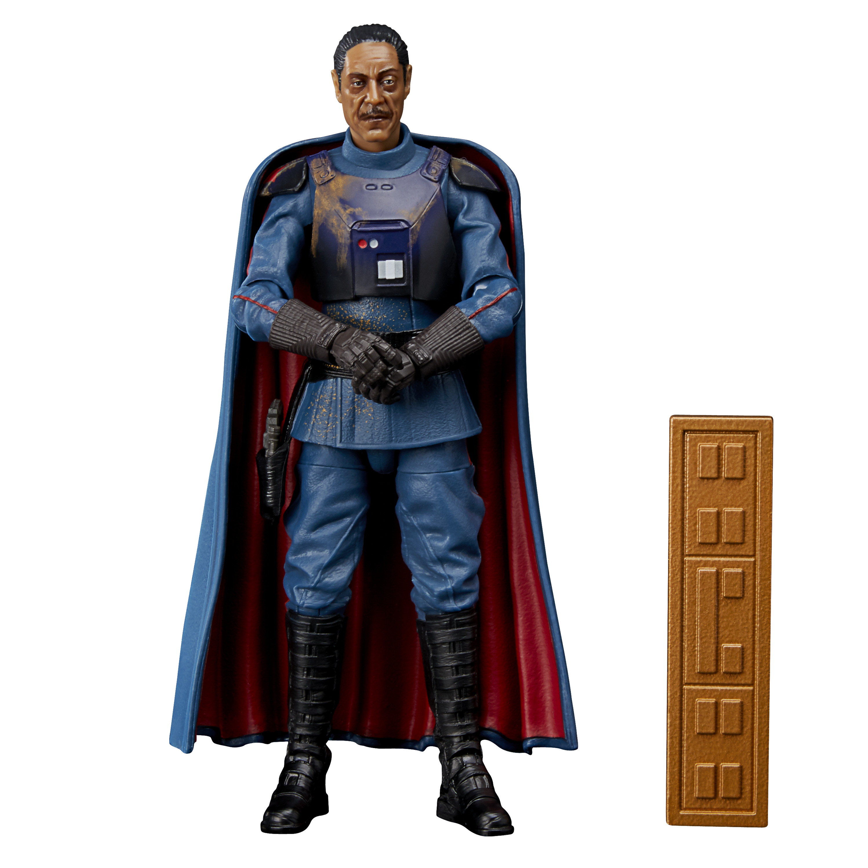 Figura mężczyzny w niebieskim mundurze i pelerynie, postać z Gwiezdnych Wojen, z brązowymi drzwiami.