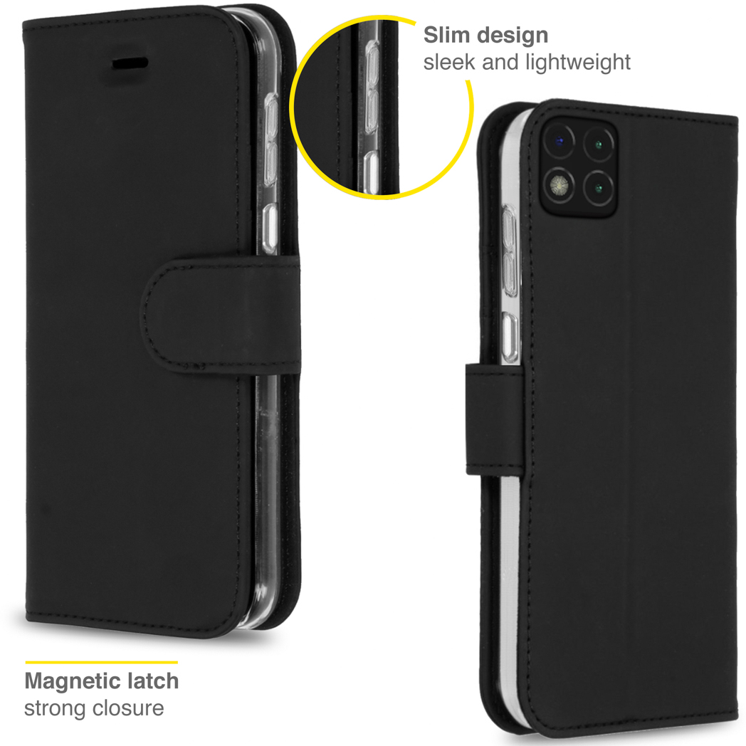 Custodia per telefono nera con chiusura magnetica e design sottile. Primo piano con dettaglio.