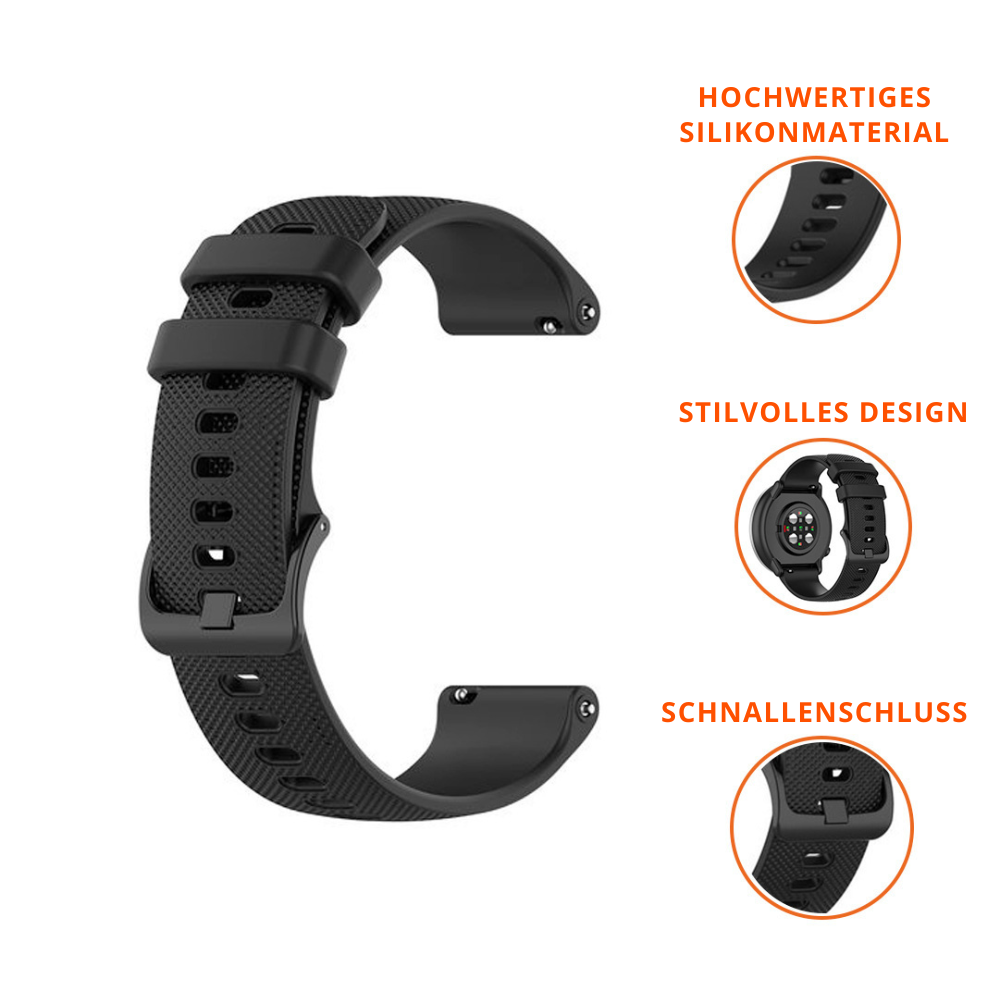 Schwarzes Uhrenarmband mit Schnalle und Silikonmaterial, plus Uhr.