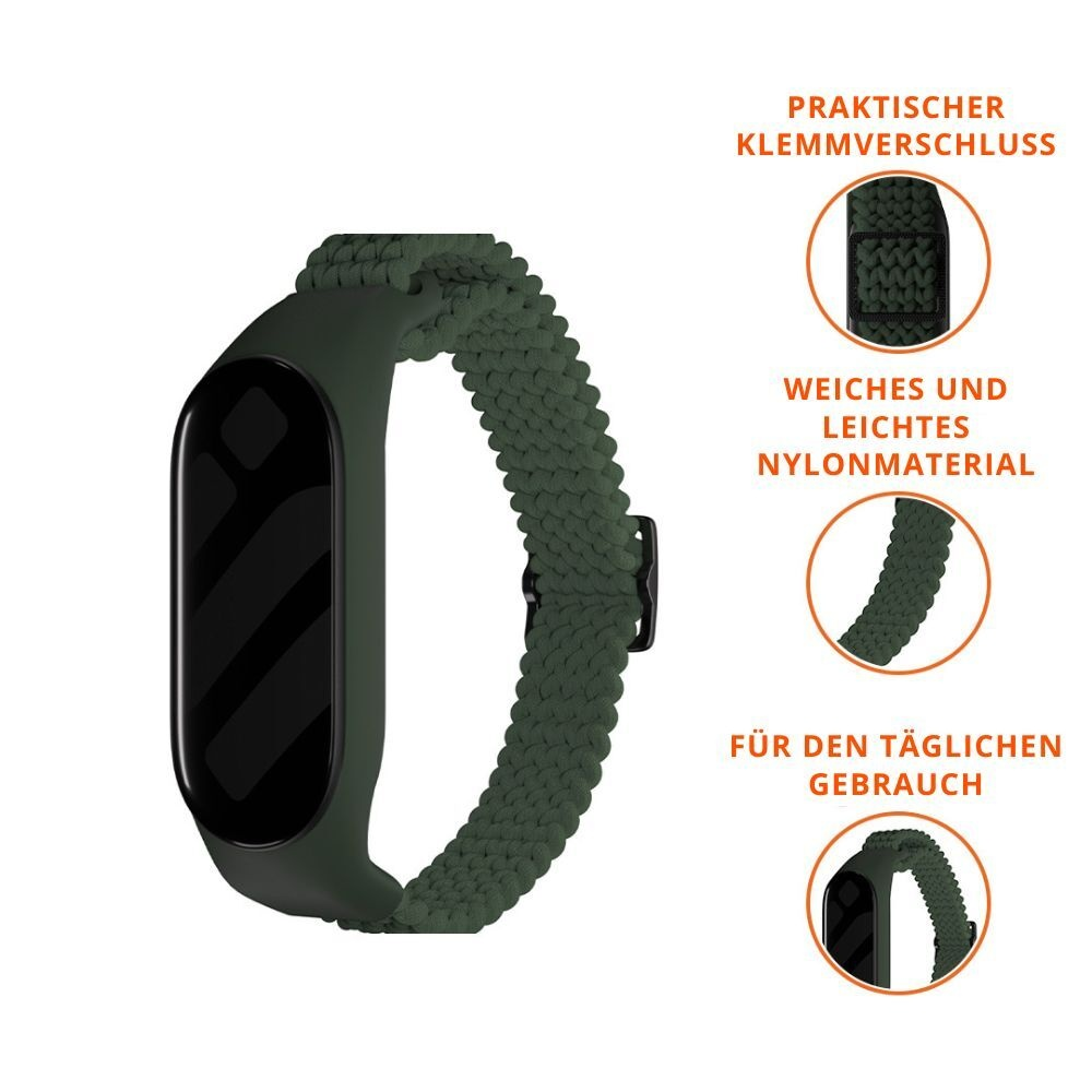 Ein dunkelgrünes Smartwatch-Armband mit geflochtenem Nylondesign und schwarzem Verschluss.