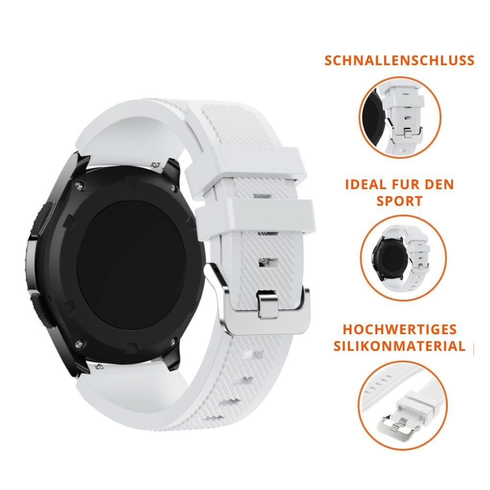 Weiße und schwarze Smartwatch mit weißem Armband. Textlabels: Schnallenverschluss, ideal für Sport, und Silikonmaterial.