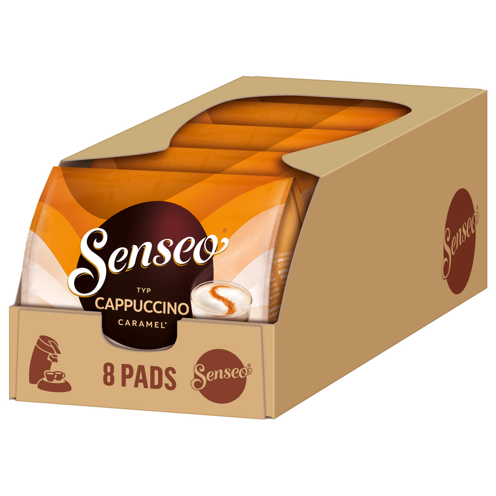 Schachtel mit Senseo Cappuccino Caramel Pads. Braune Verpackung mit Markenlogo. Weißer Hintergrund.