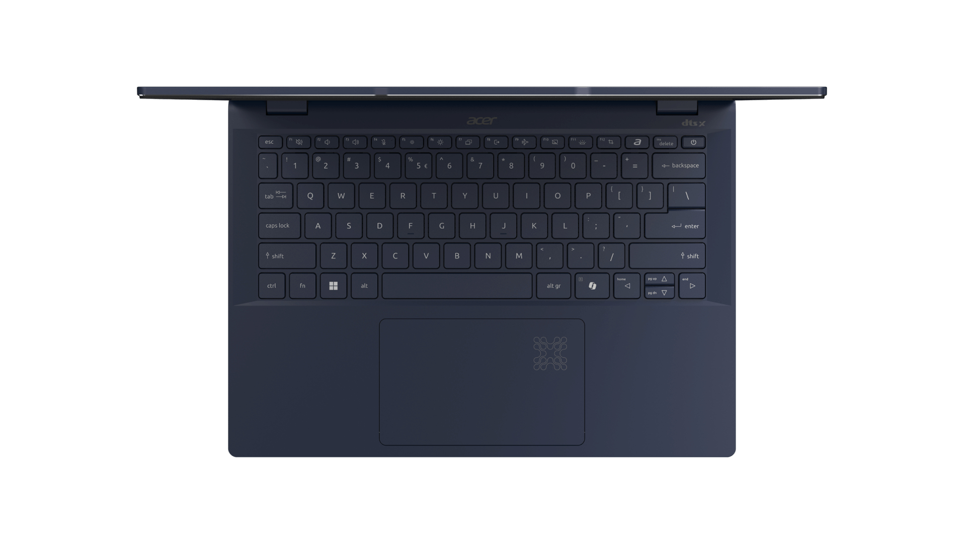 Laptop, widok z góry, ciemnoniebieski kolor. Widoczne klawisze, touchpad i logo Acer.