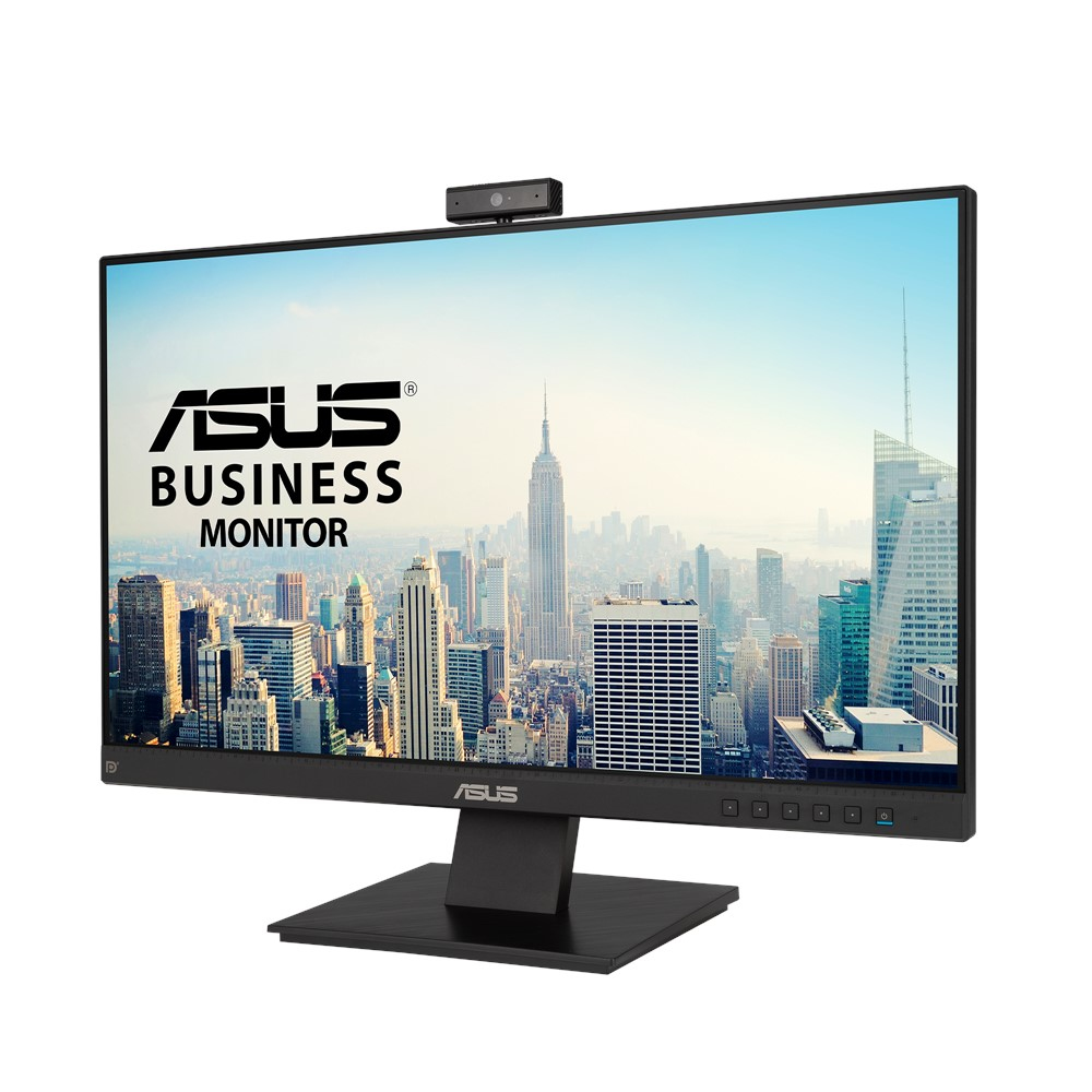 Un monitor de computadora con una cámara web en la parte superior. La pantalla muestra un horizonte de la ciudad.