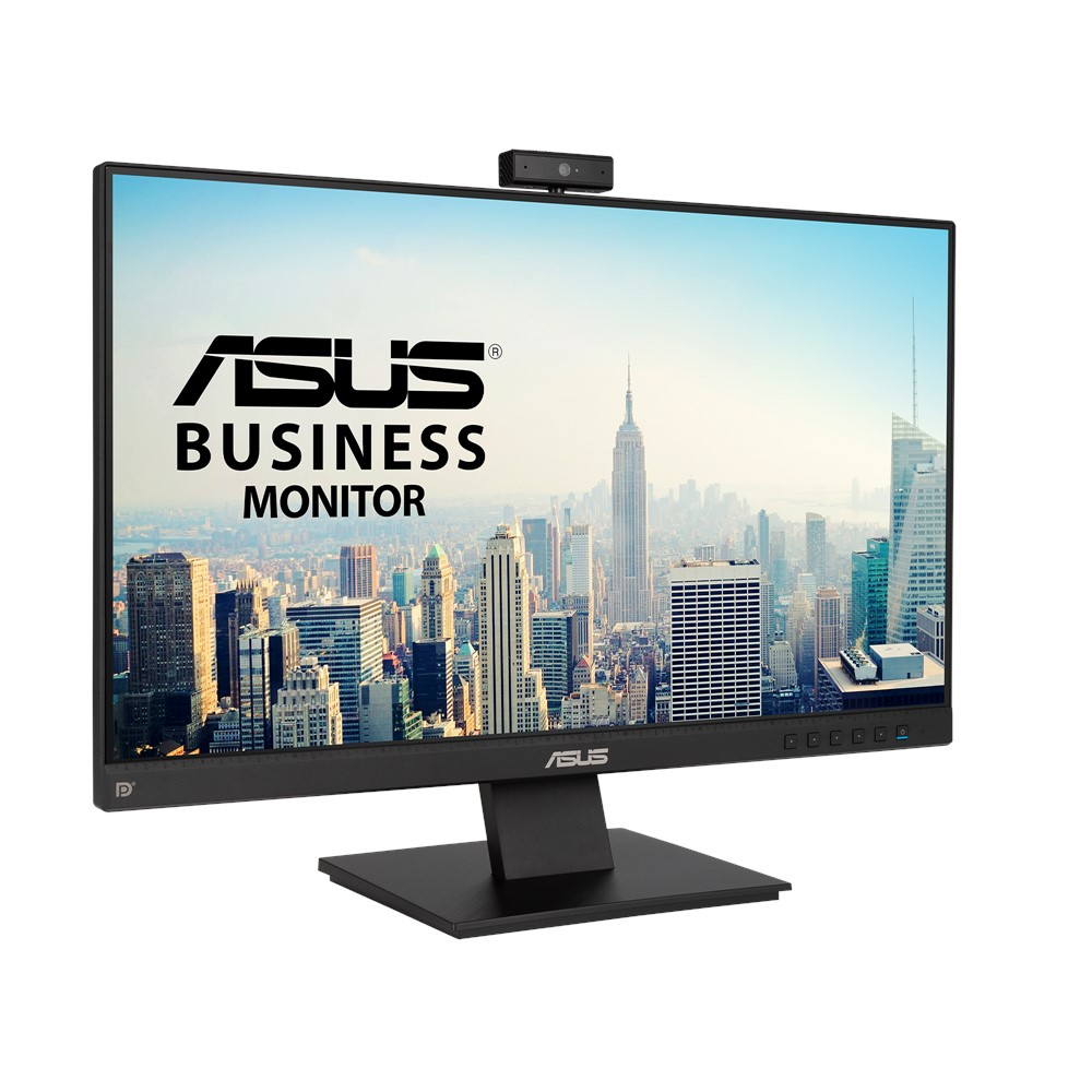 Monitor ASUS Business con fondo de paisaje urbano y cámara web en la parte superior.
