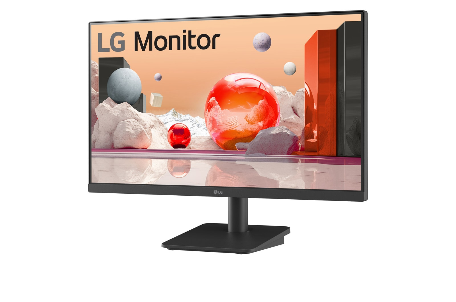 Monitor LG wyświetlający kolorowy obraz abstrakcyjny z geometrycznymi kształtami na białym tle.