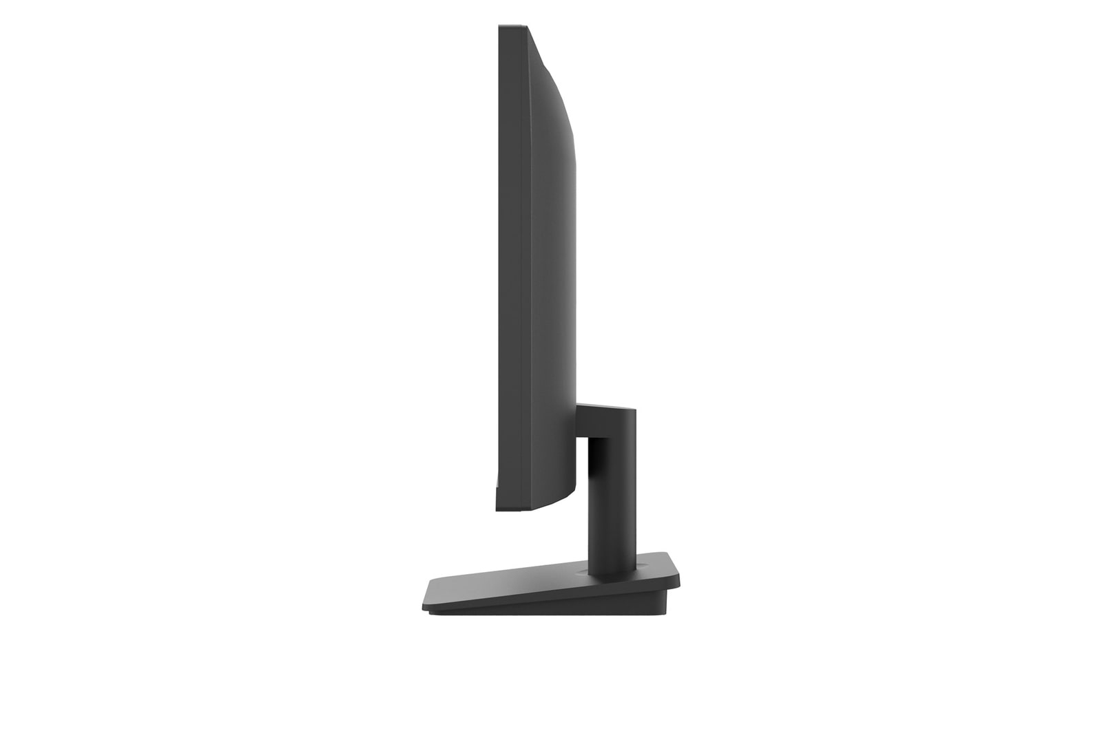 Widok z boku czarnego monitora komputerowego. Stoi na podstawce, białe tło.
