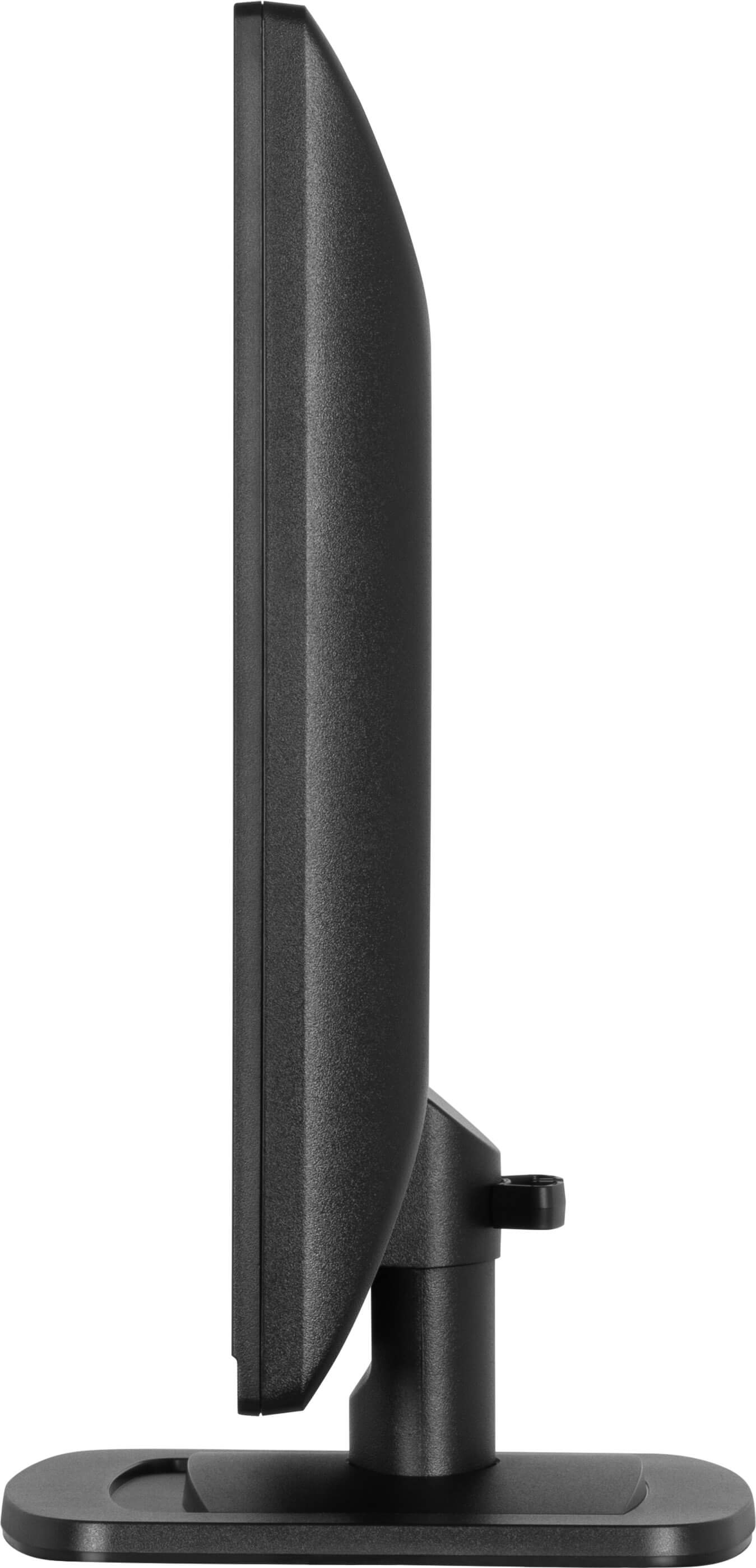 Czarny monitor komputera, widok z boku, z czarną podstawą i stojakiem.