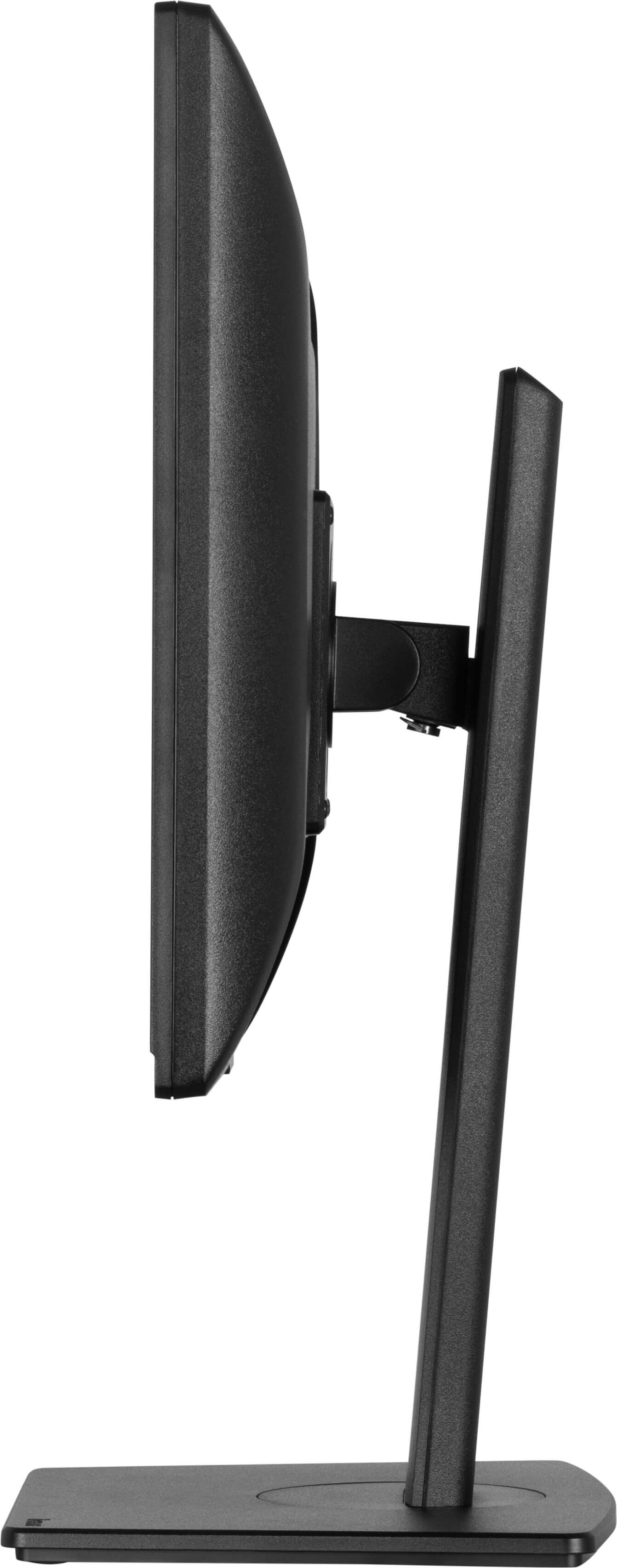 Czarny monitor komputera z boku, ze stojakiem. Pokazuje profil boczny i elegancki design.