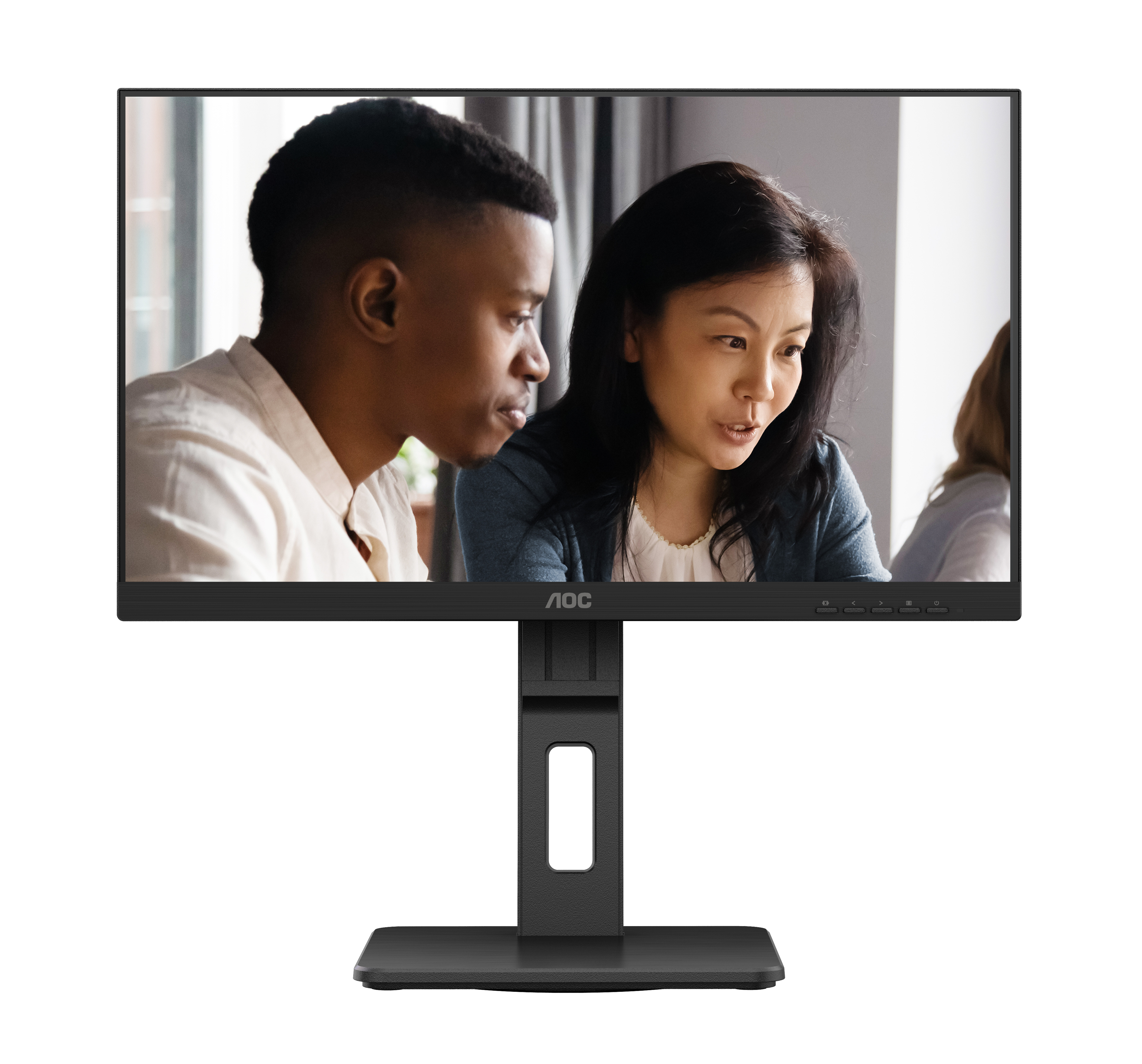 Computer monitor displaying two people, with an AOC logo at the bottom.