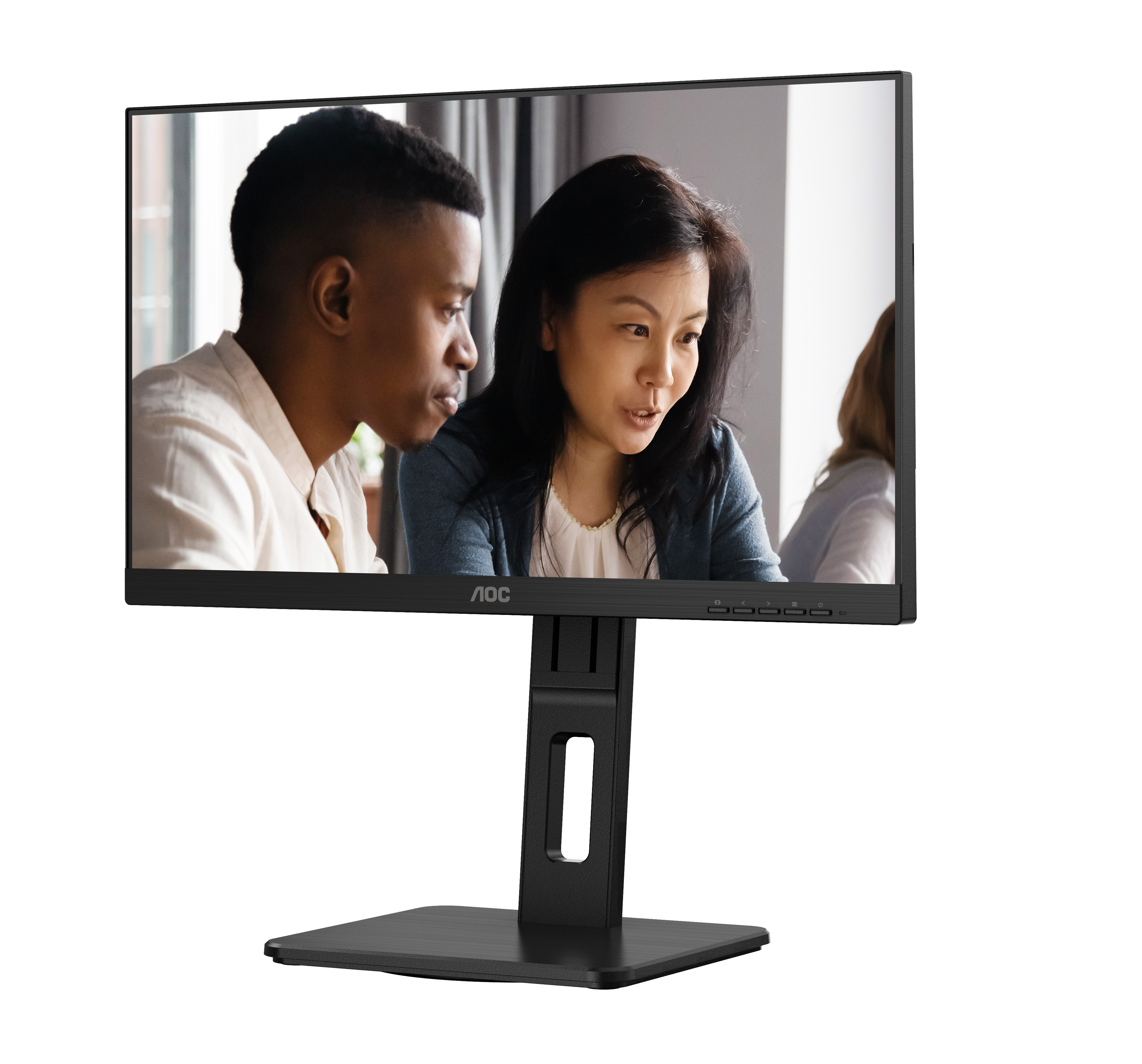 A black monitor displaying two people, with a black stand and a white background.