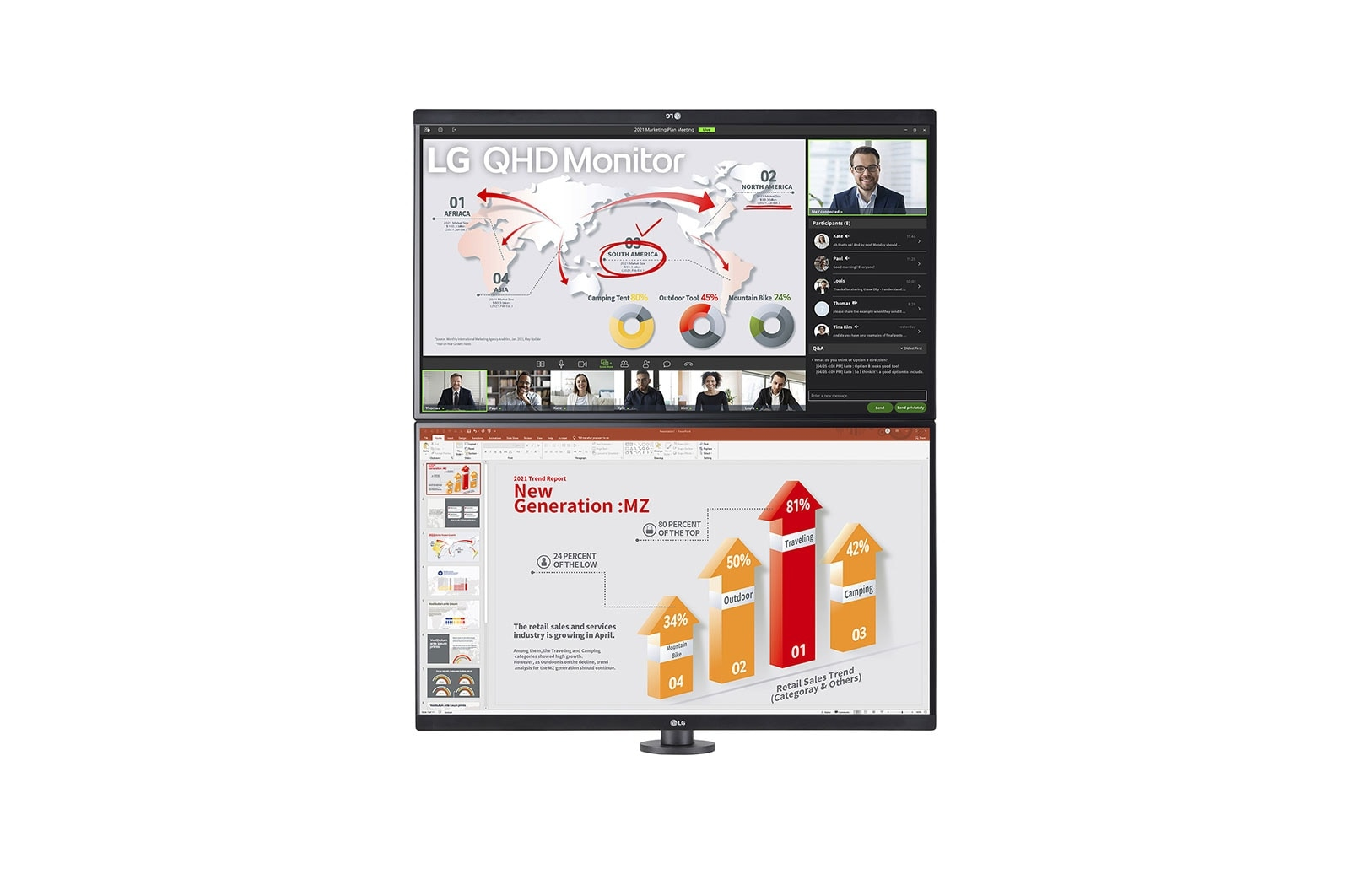 LG QHD Monitor, Präsentation und Videoanruf-Oberfläche mit Diagrammen und Personen.