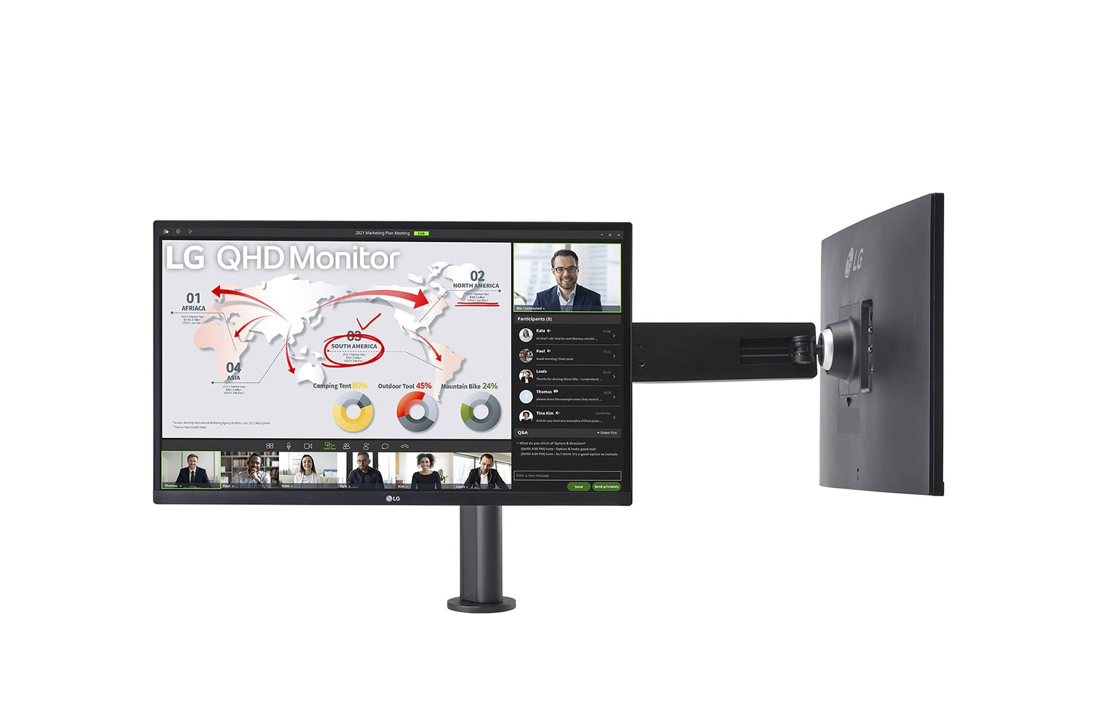 Ein Monitor mit Webcam, auf einem Ständer. Es zeigt einen Videoanruf und die Rückseite.