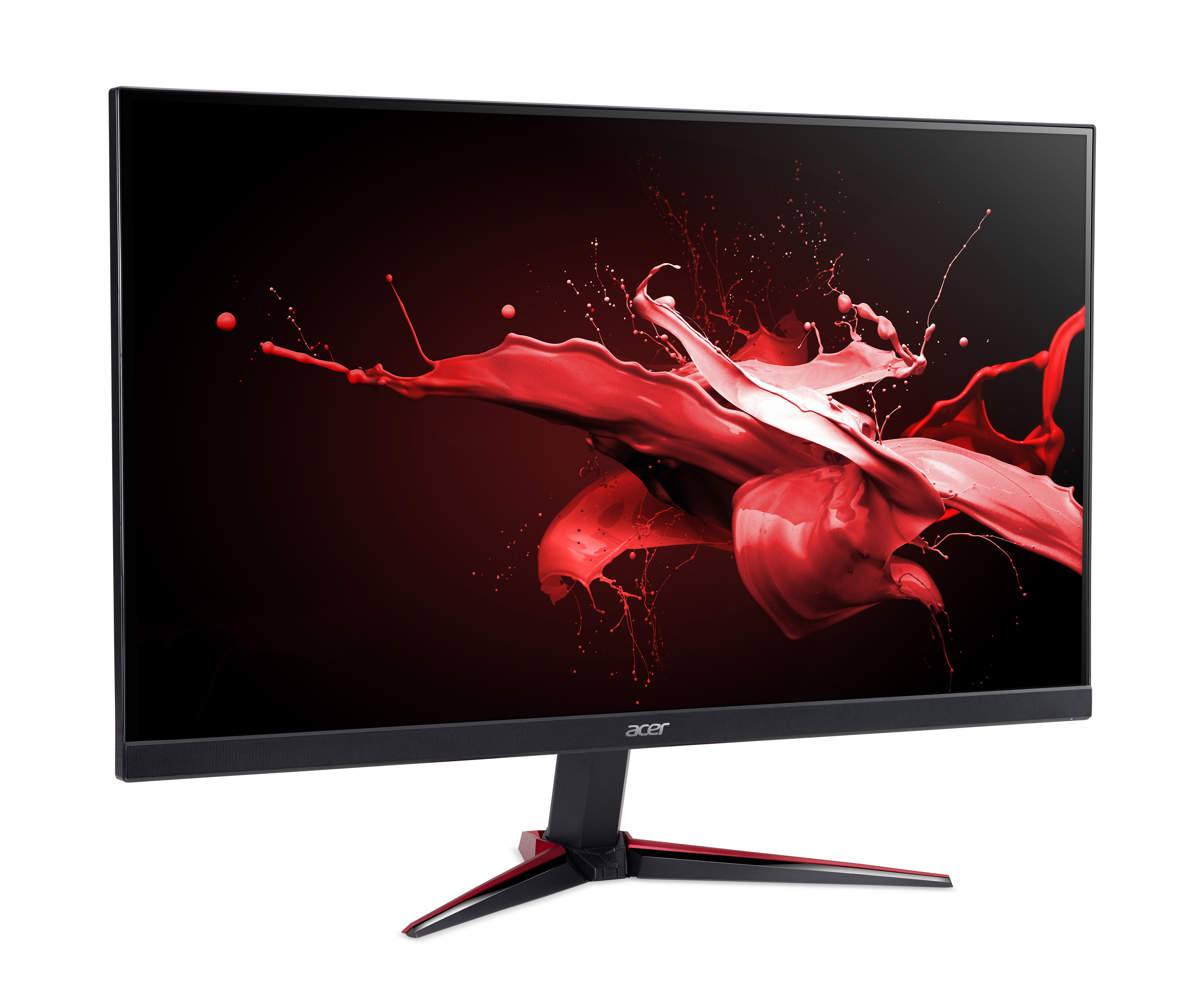 Monitor Acer con design a spruzzi rossi su sfondo nero, montato su un supporto nero e rosso.