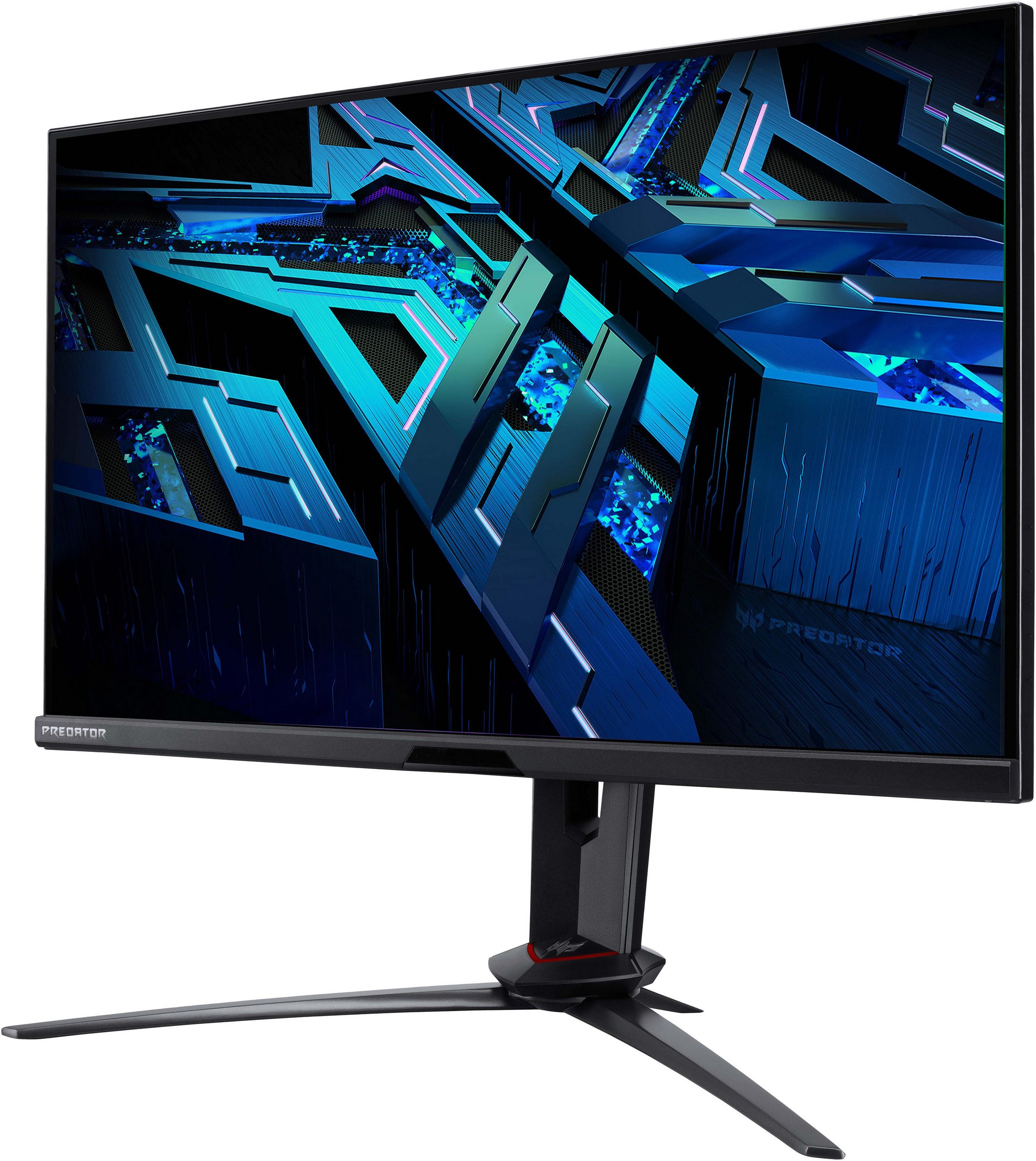 Schwarz-blauer Computermonitor. Er hat einen Ständer. Blaues und schwarzes Muster auf dem Bildschirm.