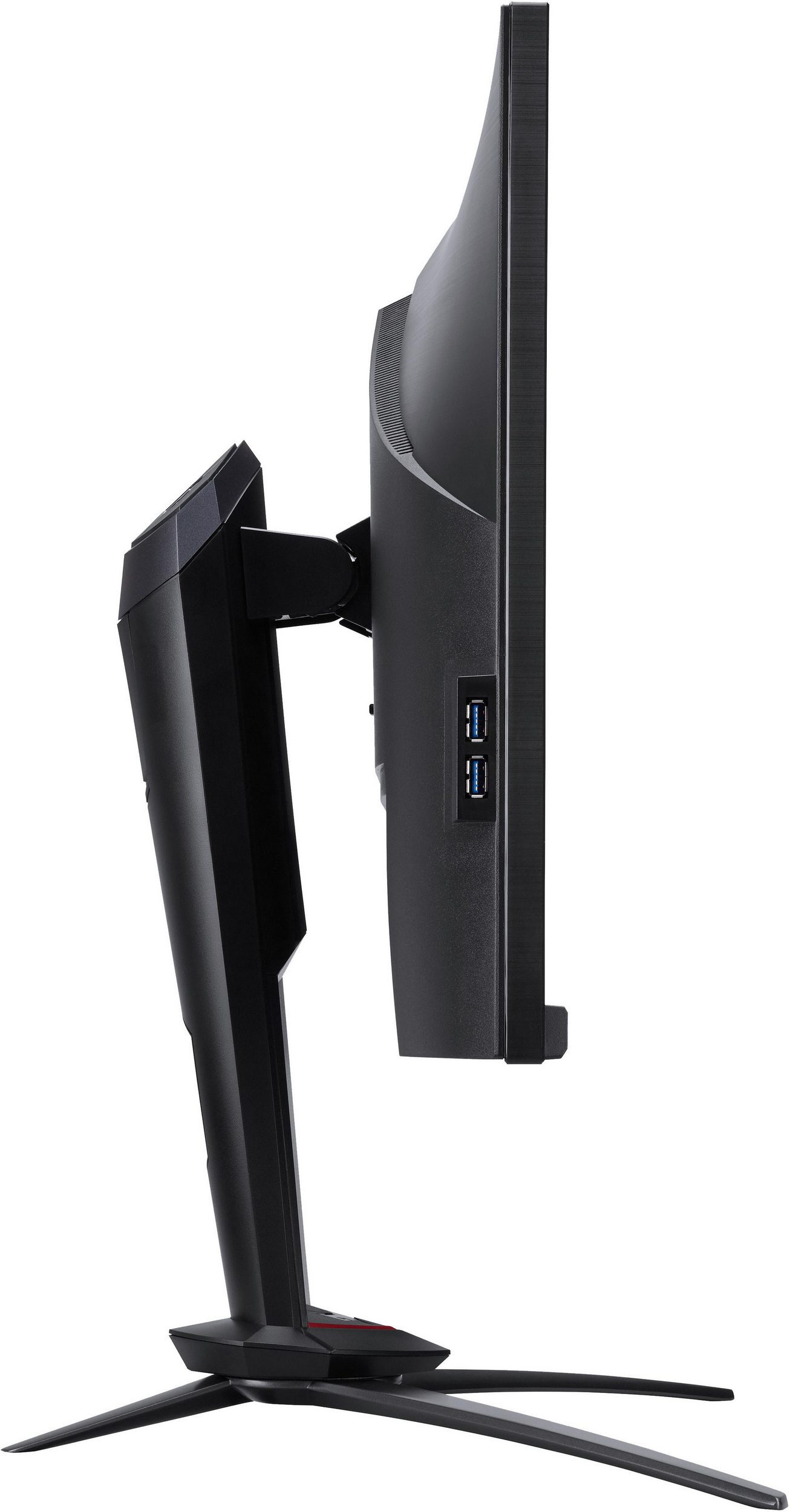 Seitenansicht eines schwarzen Computermonitors mit einzigartigem Ständer und USB-Anschlüssen. Der Bildschirm ist leer.