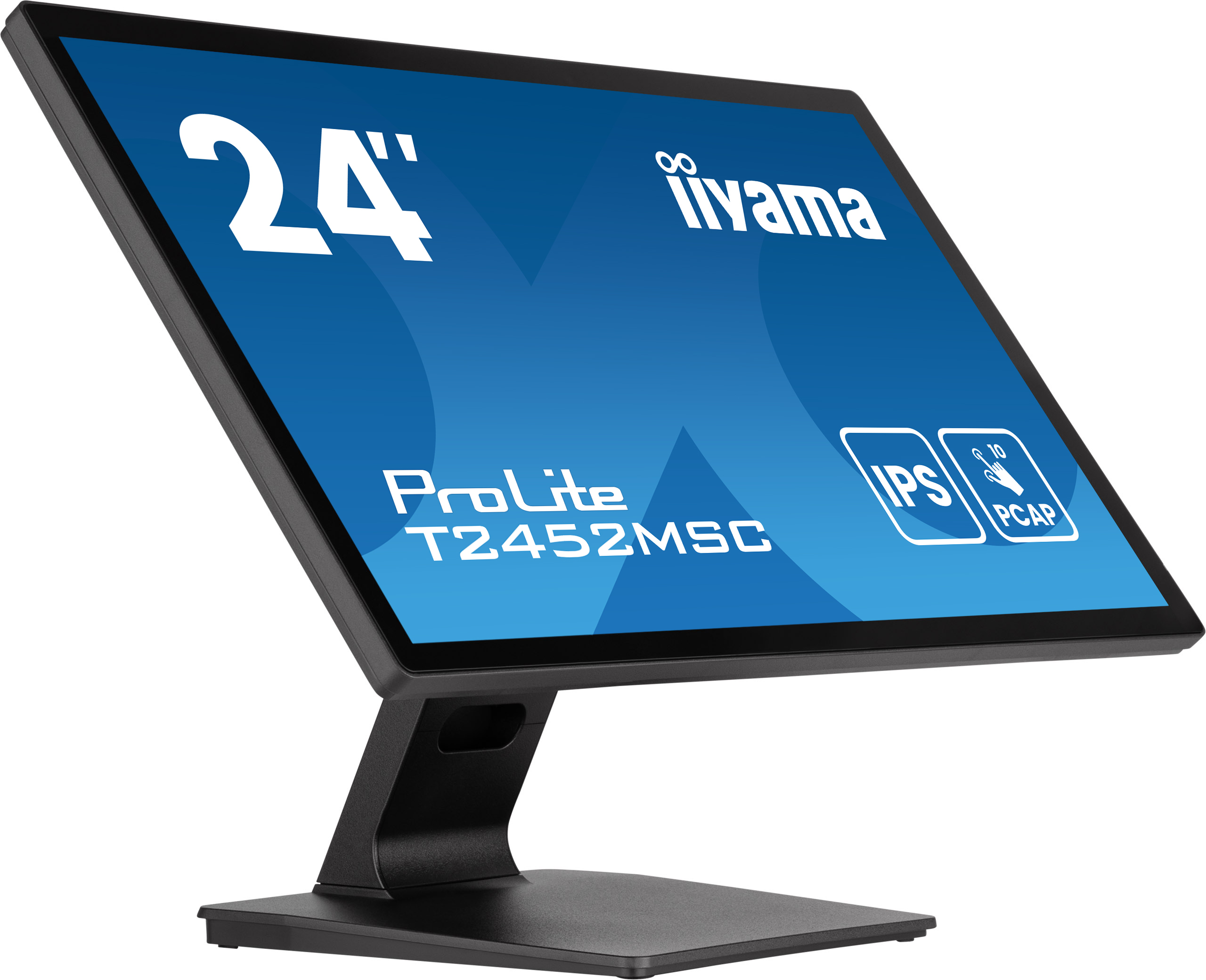 Czarny monitor iiyama 24-calowy na czarnej podstawie, z niebieskim ekranem wyświetlającym tekst.