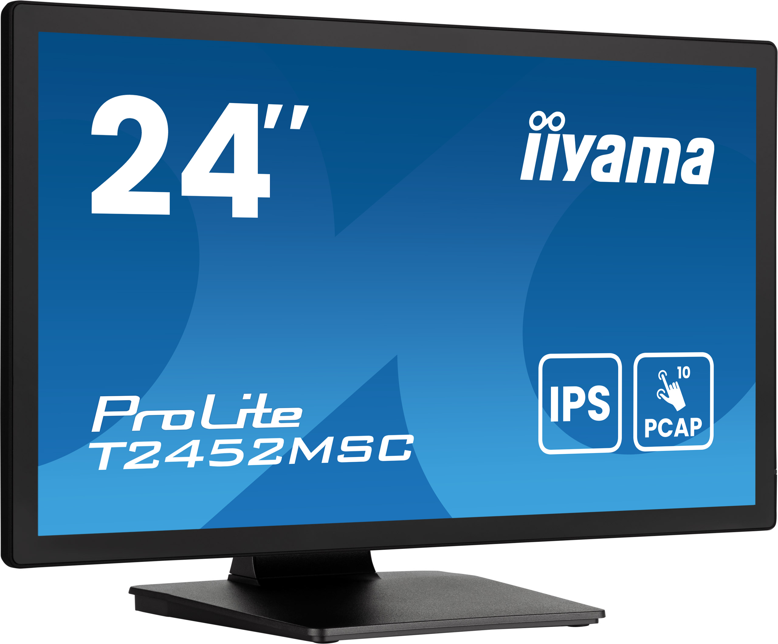 Czarny 24-calowy monitor iiyama ProLite z możliwościami ekranu dotykowego, na czarnym stojaku.