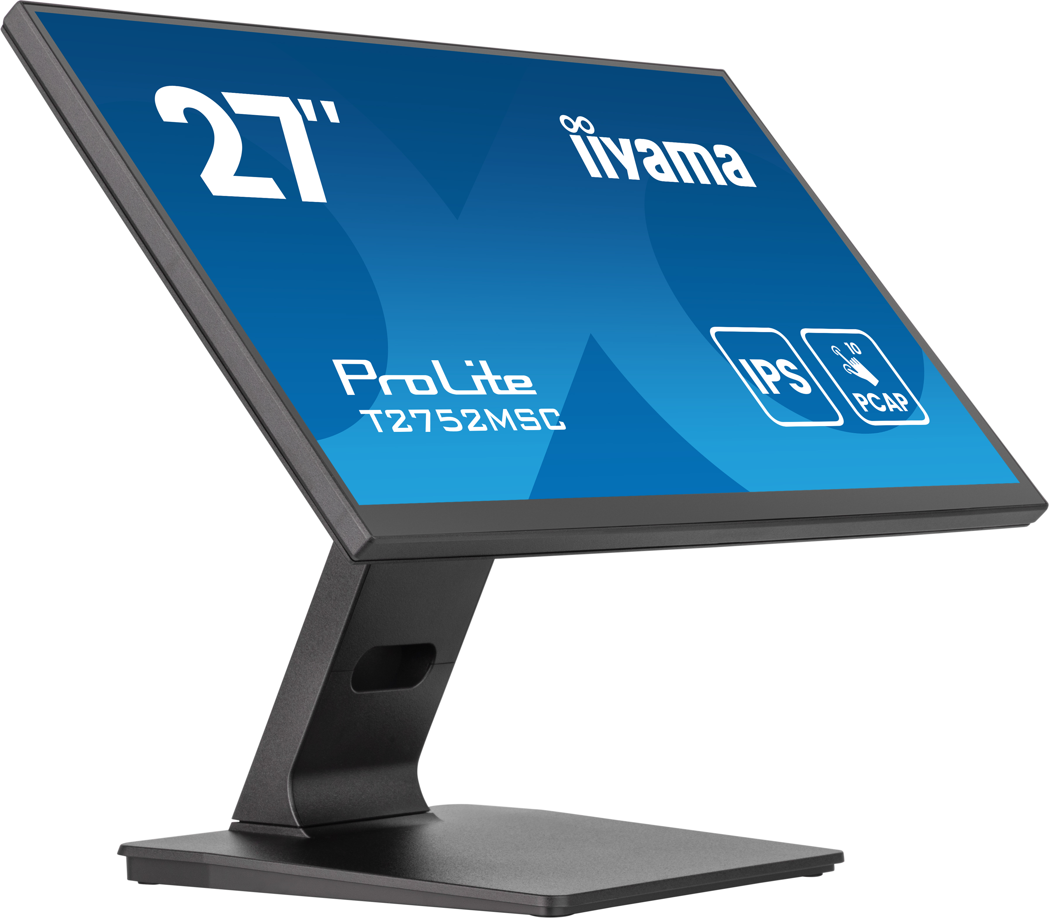Czarny monitor iiyama 27". Ekran pokazuje ciemnoniebieskie tło z białym tekstem.