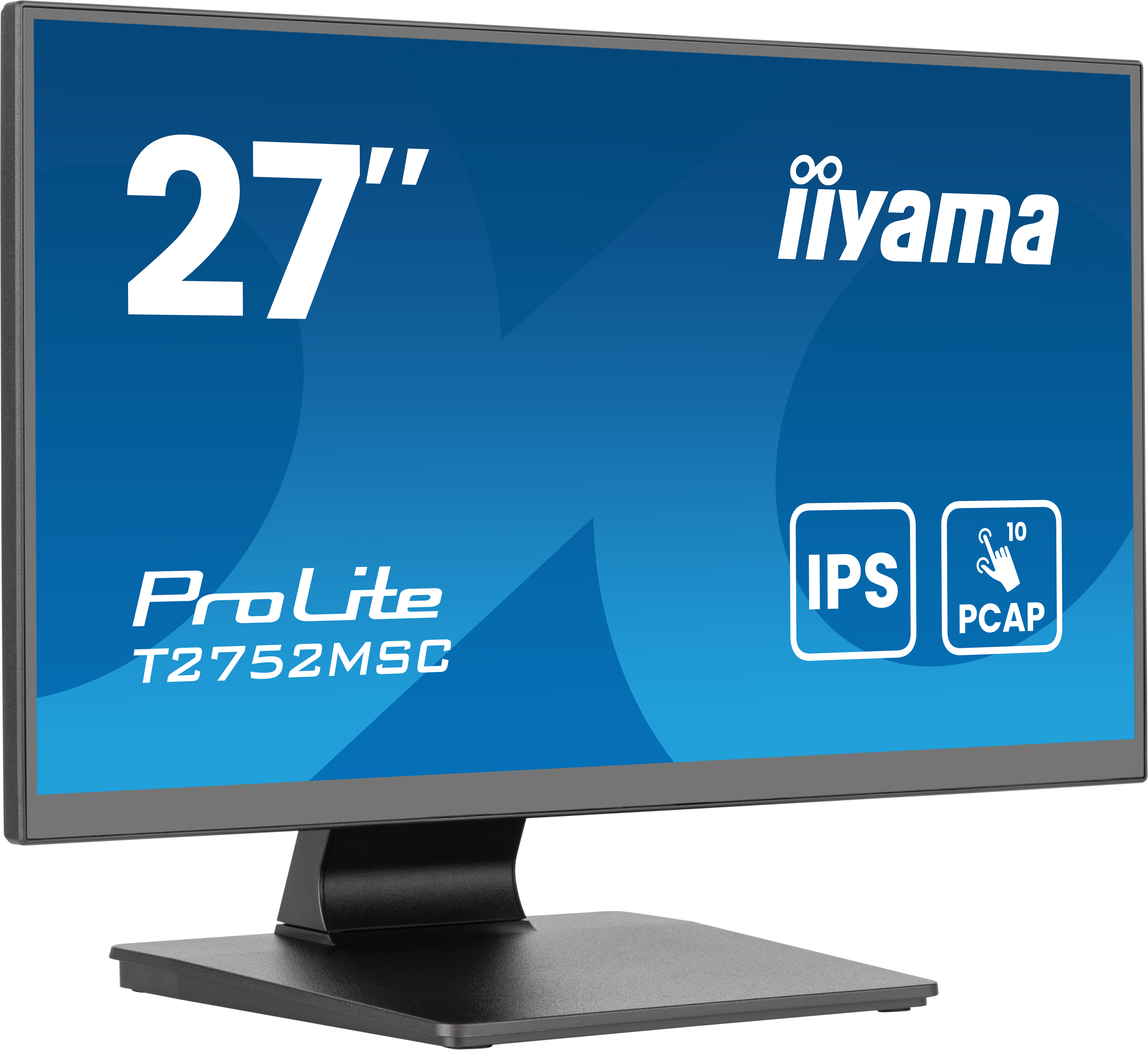 27-calowy monitor iiyama ProLite na czarnym stojaku, wyświetlający niebieski ekran.