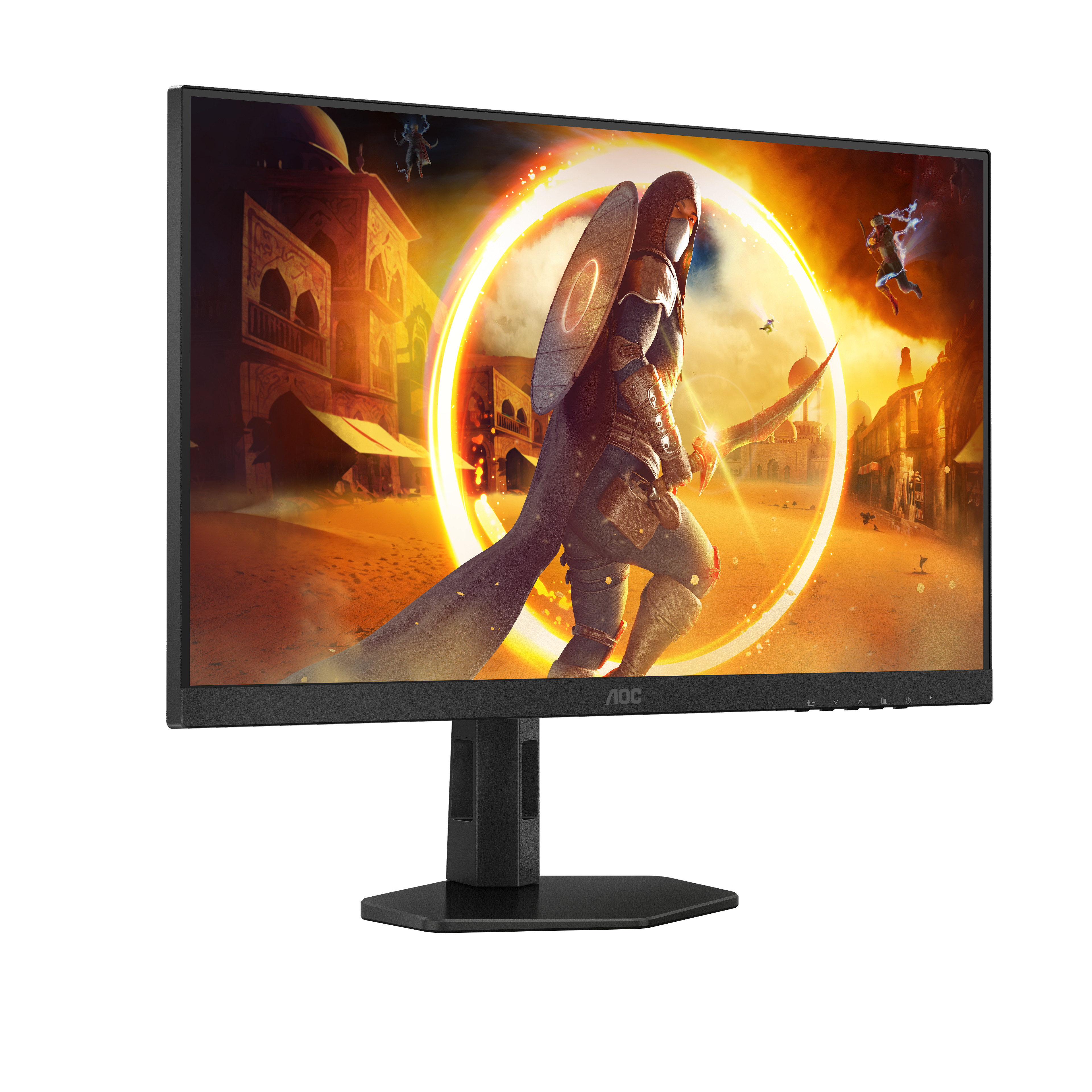 Moniteur de jeu AOC. Moniteur noir avec support, affichant une image d'une scène de jeu.