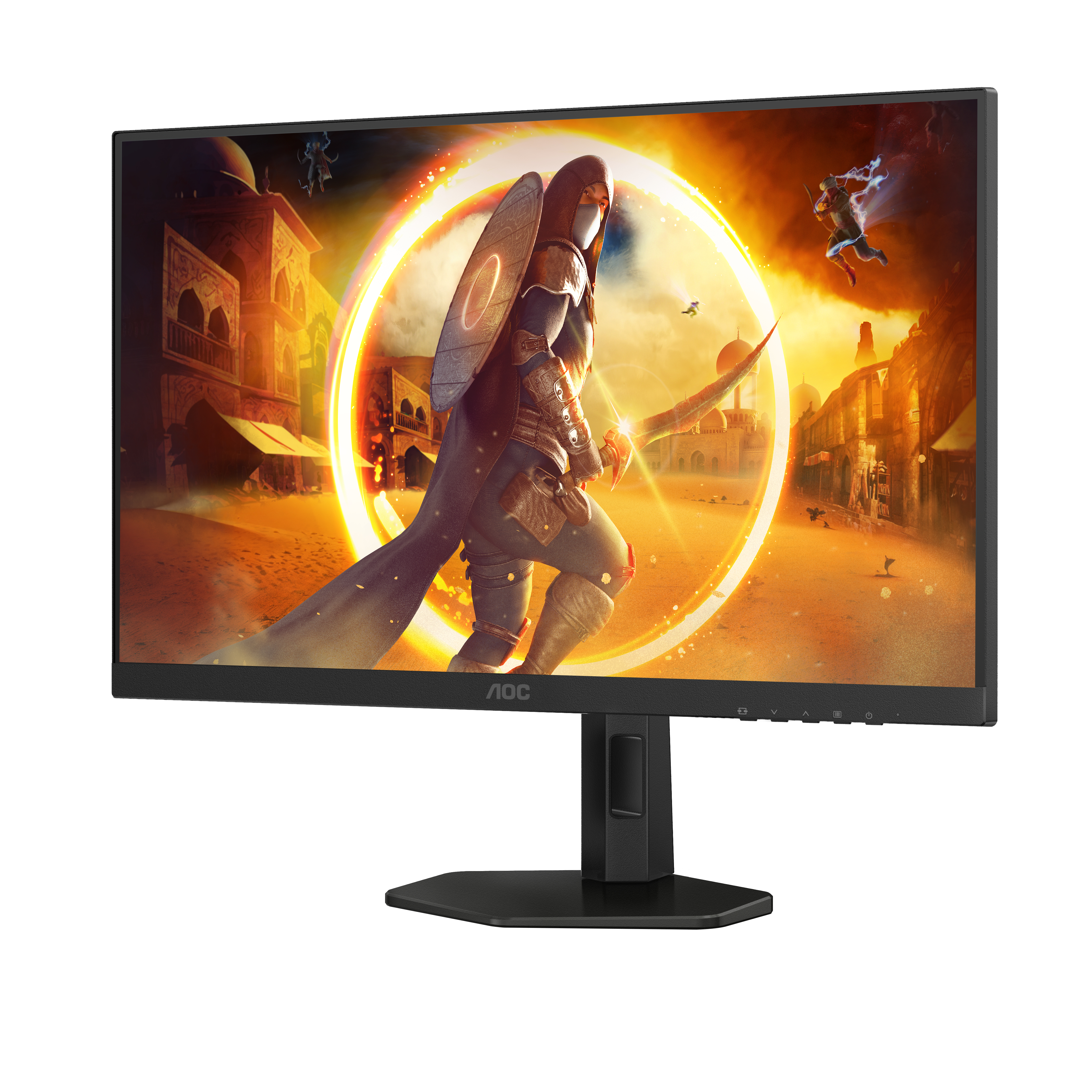 Moniteur AOC avec scène de jeu vidéo, sur pied noir et fond blanc.