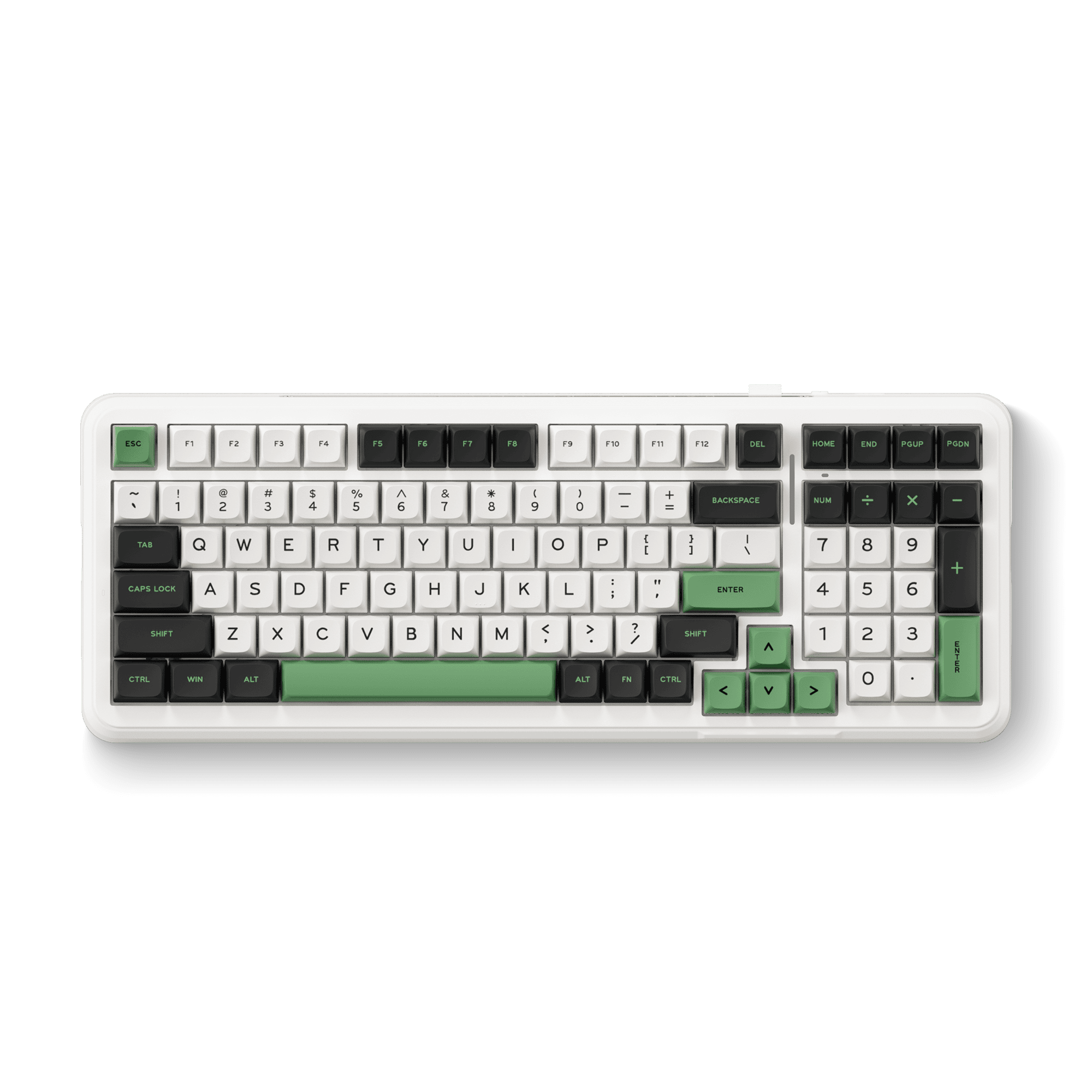 Weiße und grüne mechanische Tastatur mit verschiedenen Tasten auf weißer Oberfläche.