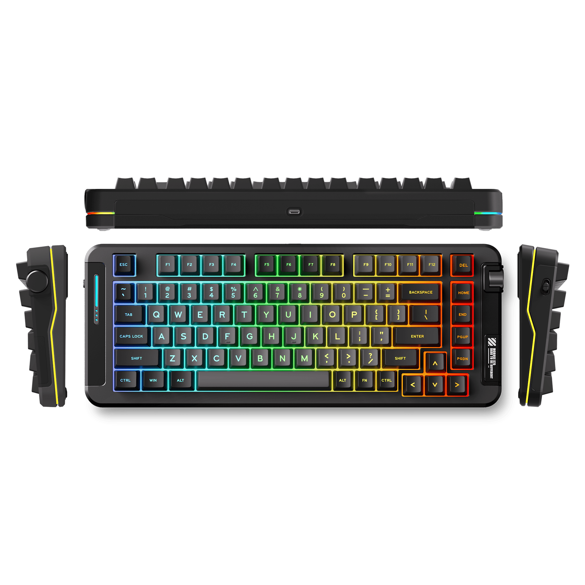 Gökkuşağı renkli tuşlara ve çıkarılabilir yan dayanaklara sahip siyah mekanik klavye.