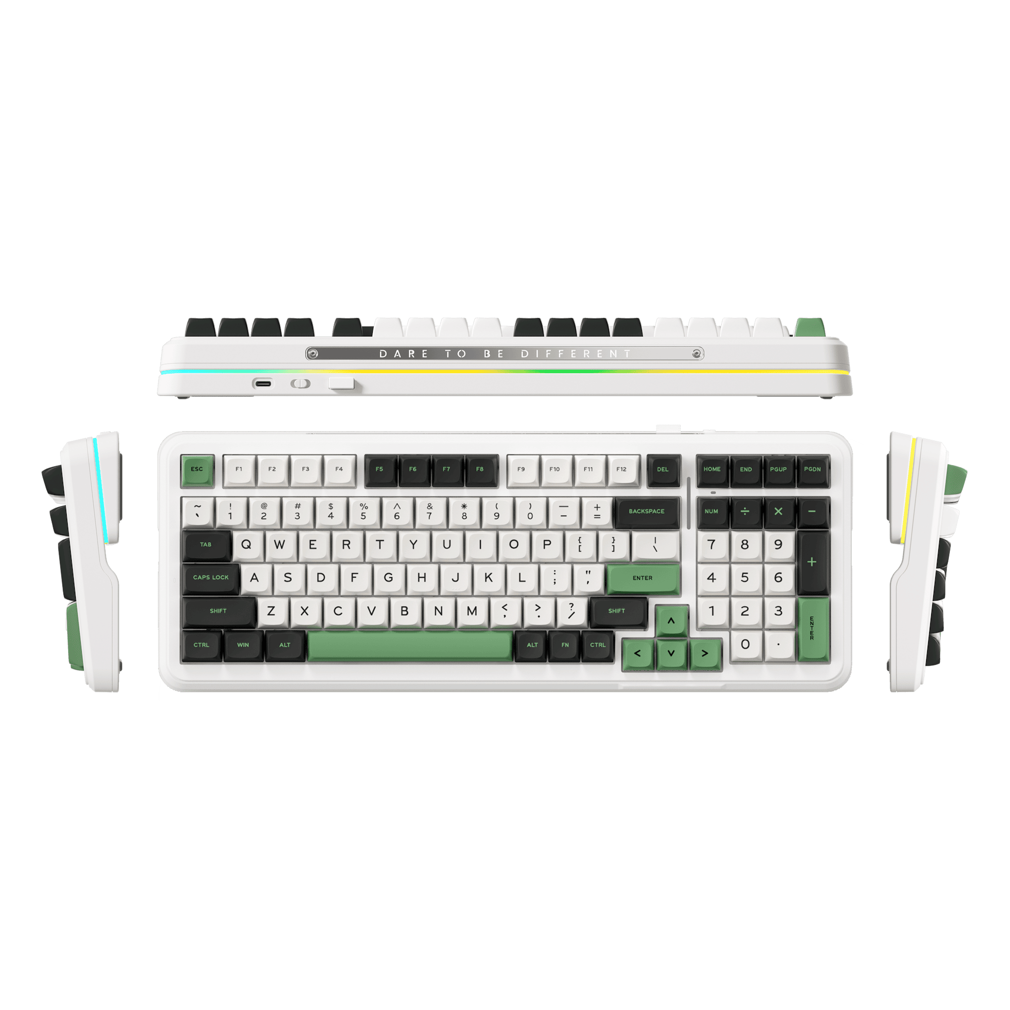 Eine weiße Tastatur mit grünem und gelbem Streifen, mit Tasten und dem Text 'DARE TO BE DIFFERENT'.