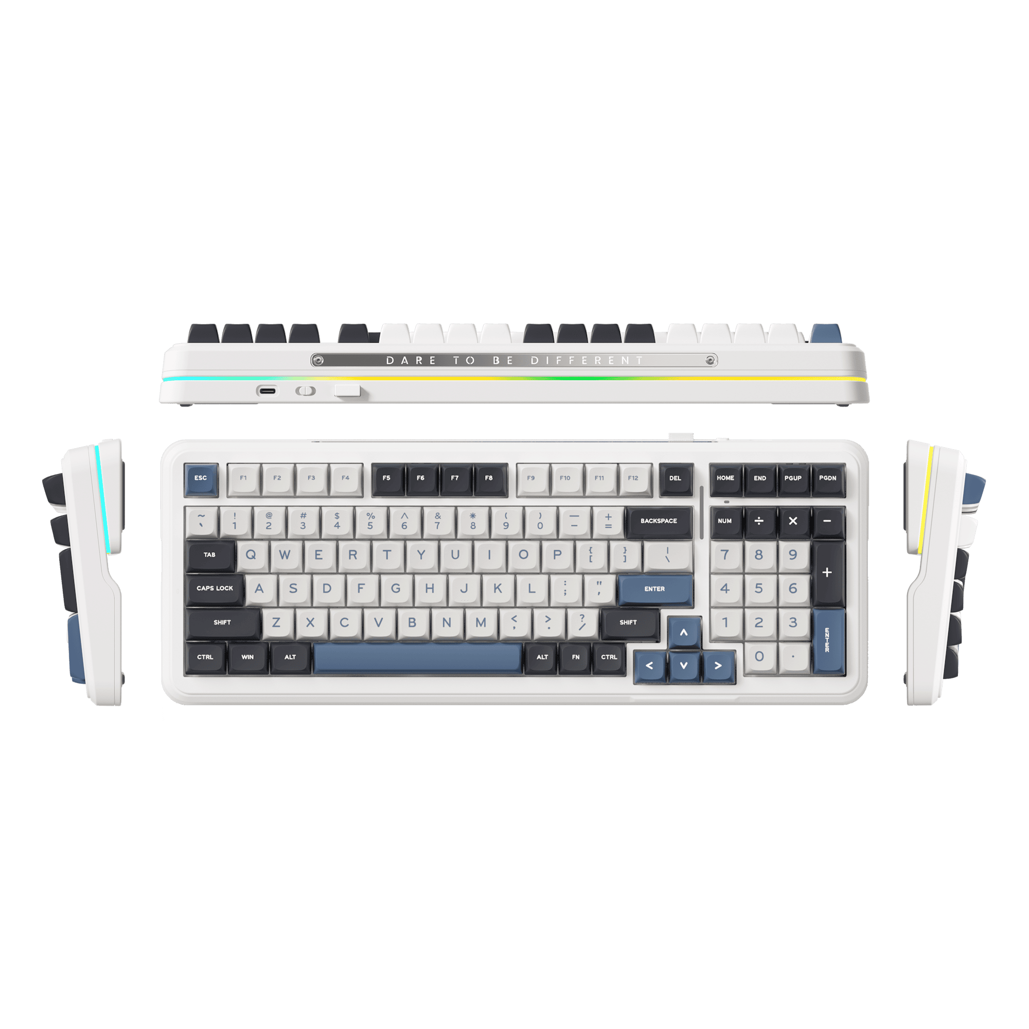 Eine Tastatur mit bunten Lichtern und den Worten 'Dare to be different'.
