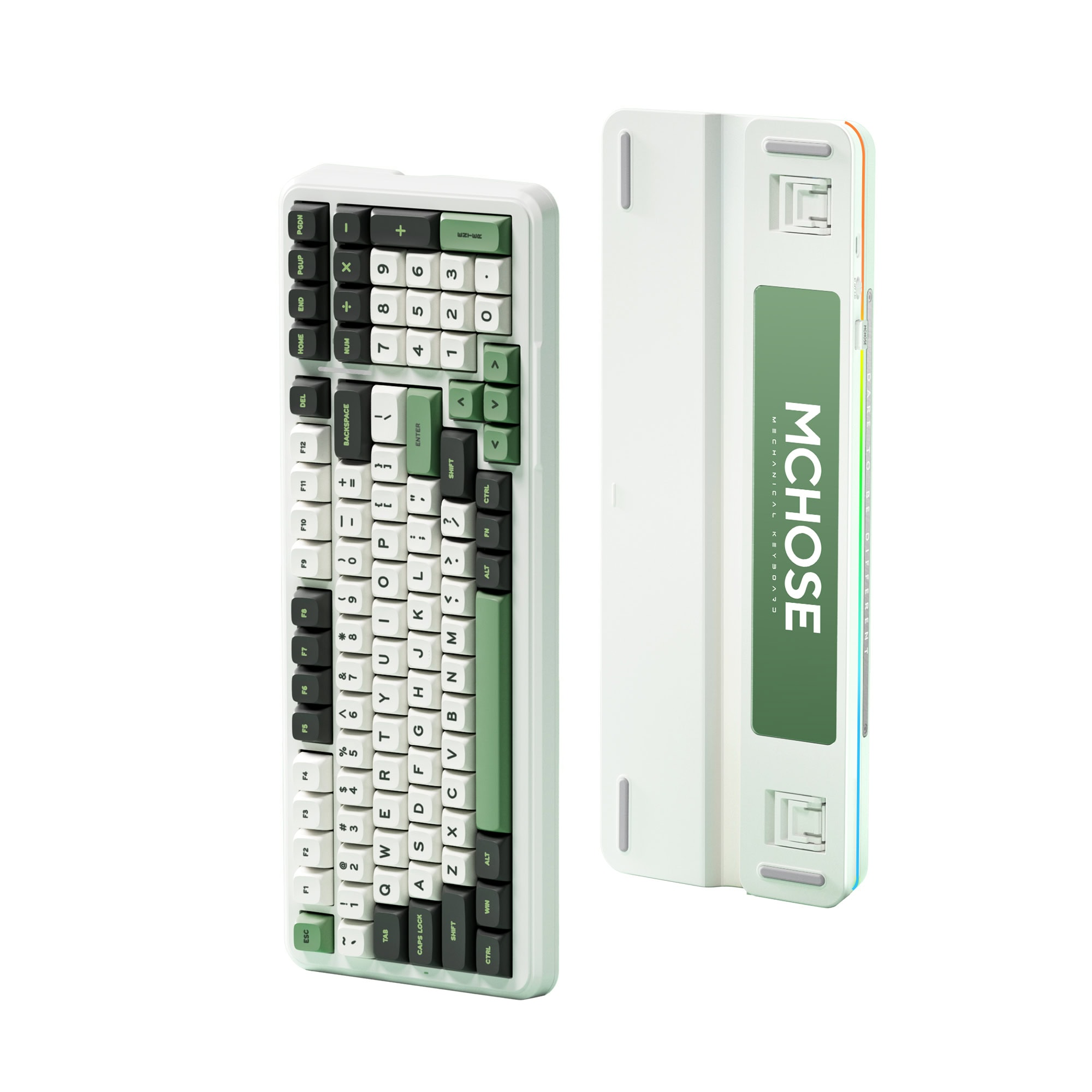 Eine weiße und grüne mechanische Tastatur. Die Tastatur ist abgewinkelt. Sie hat eine grüne Basis.