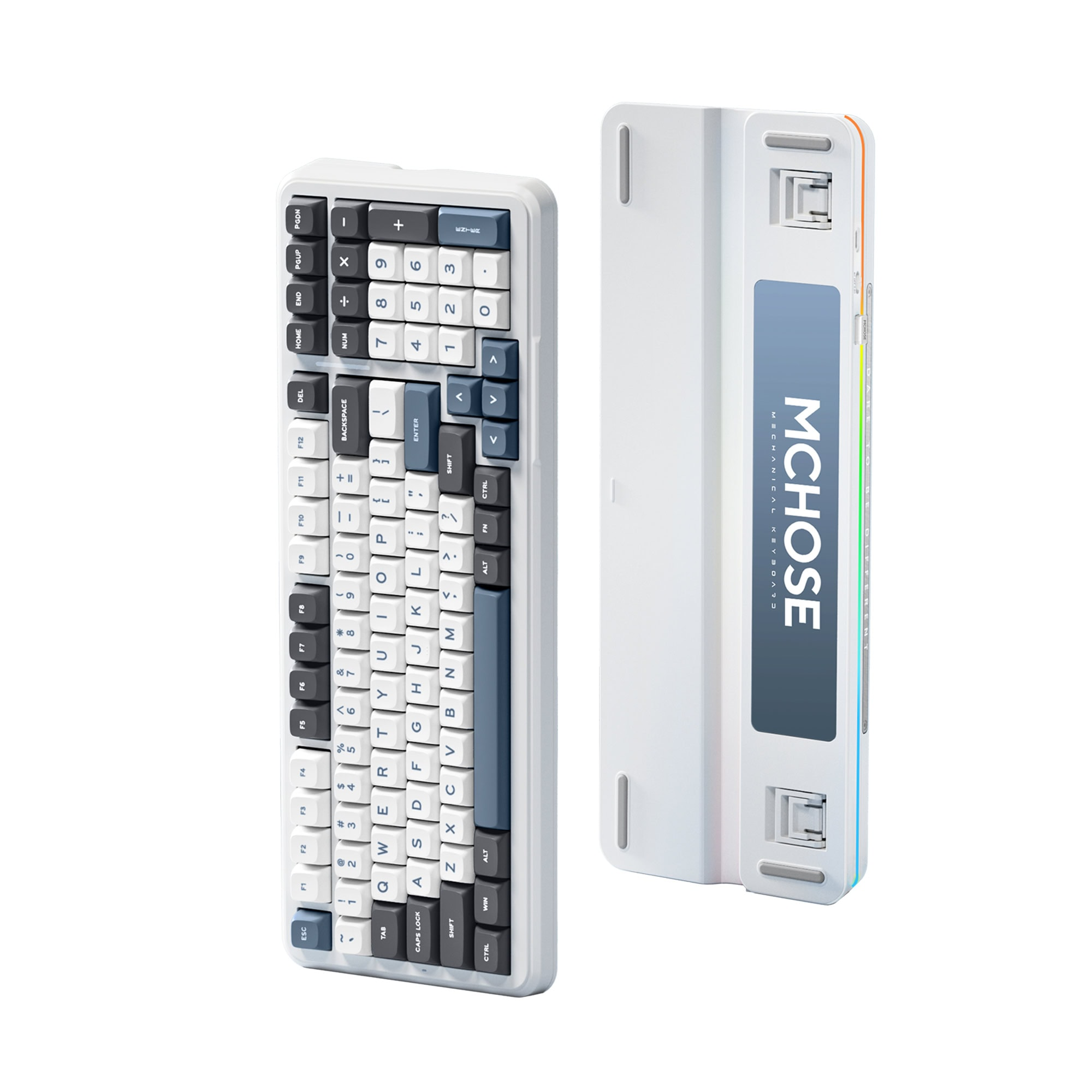 Weiße und graue Tastatur mit Text und mehrfarbigen Lichtern an der Seite.