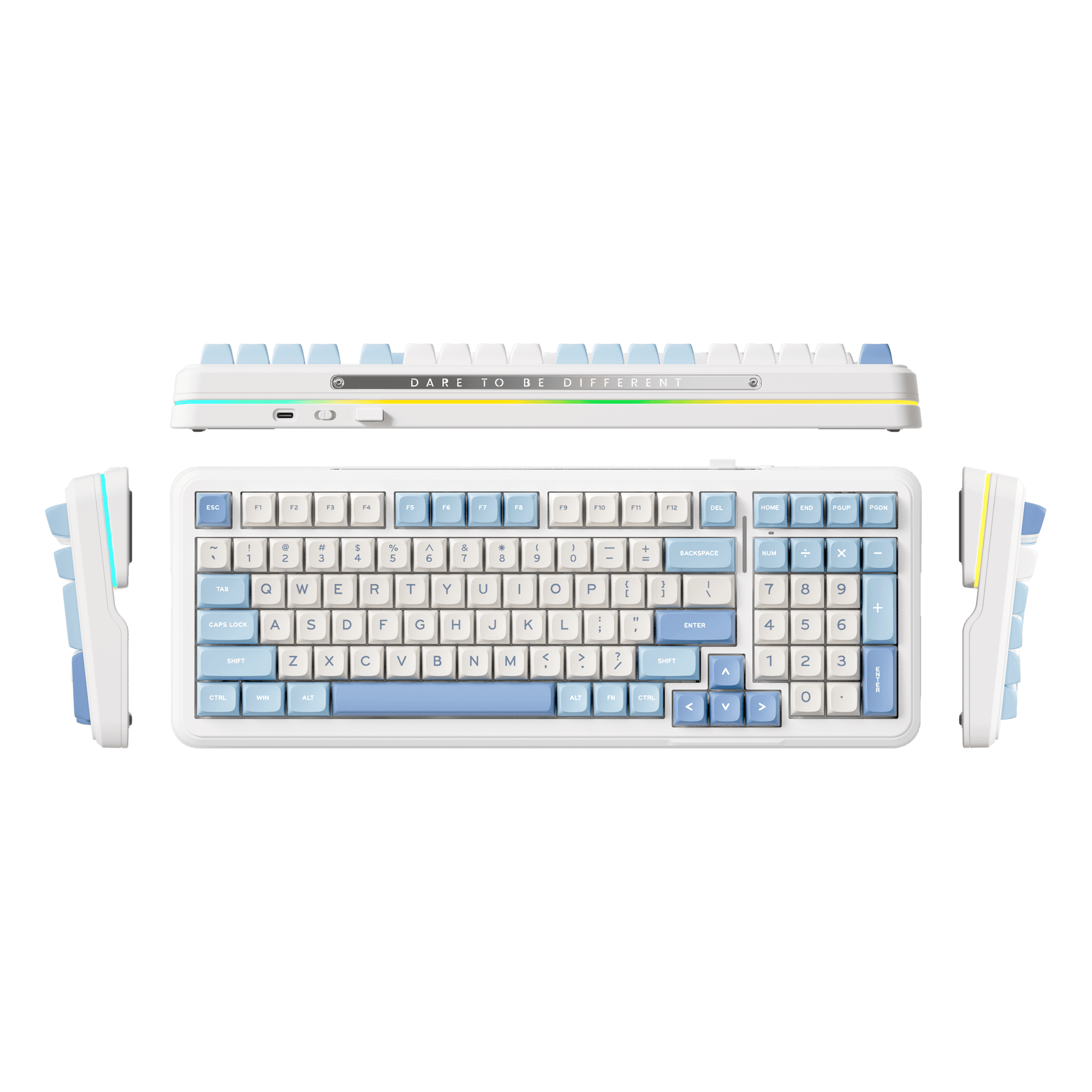 Weiße und blaue Tastatur mit vielen Tasten. Oben steht "Dare to be different". Weißer Hintergrund.