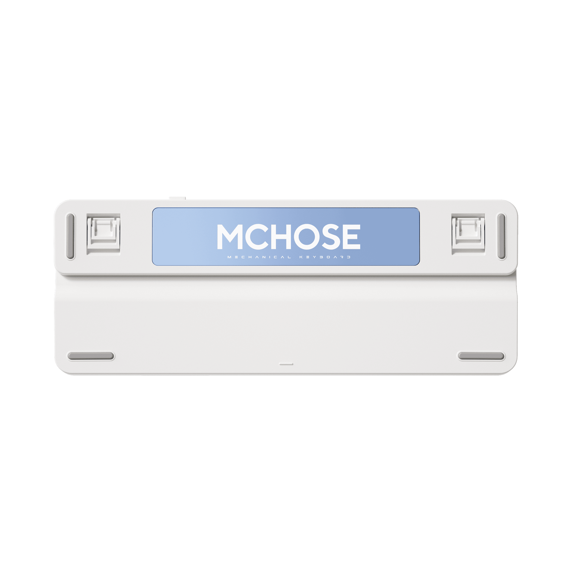 Weiße mechanische Tastatur mit dem Markennamen 'MCHOSE' auf einem blauen Balken oben.