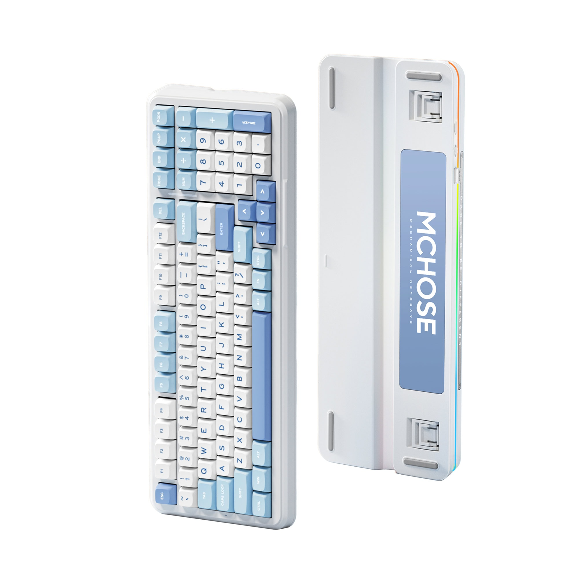 Weiß-blaue mechanische Tastatur mit blauen Tastenkappen. MCHOSE Markenname sichtbar.