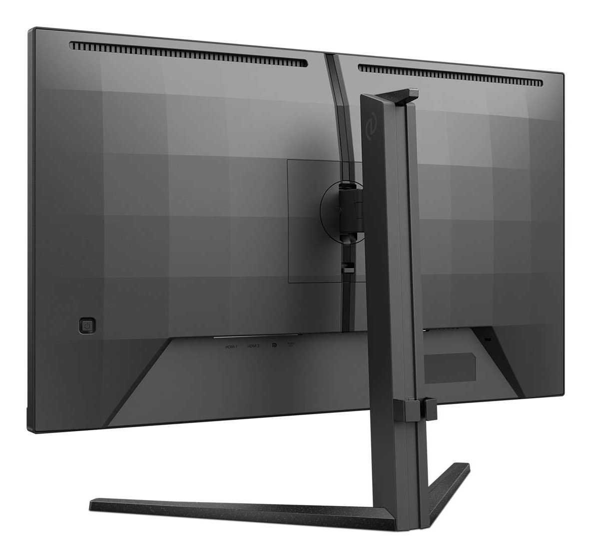 Vista posteriore di un monitor nero con supporto. Diverse porte visibili. Design elegante.